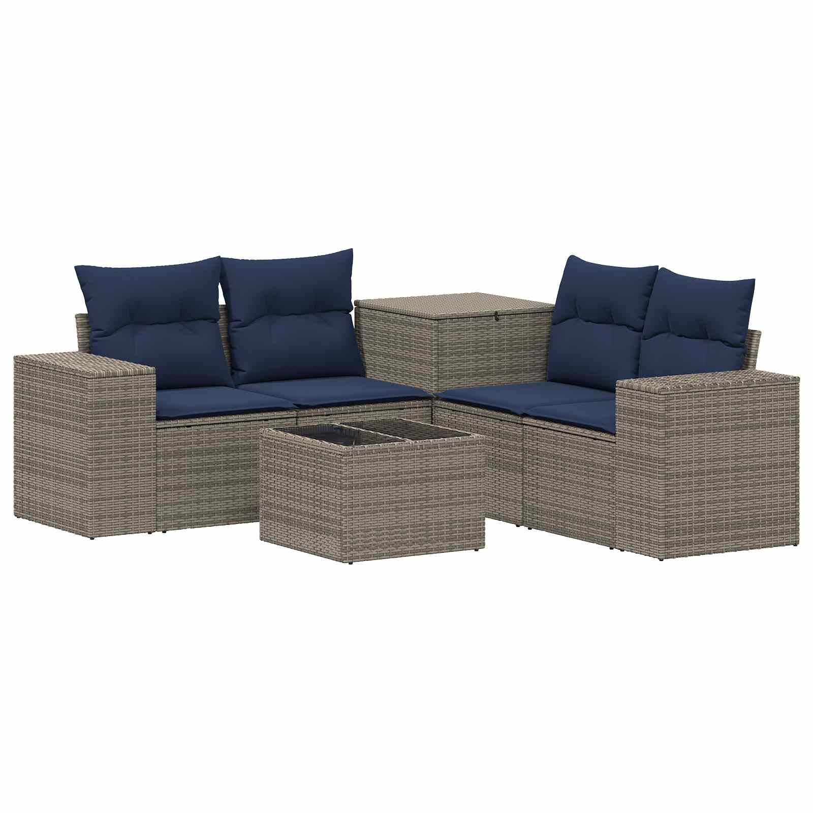 Outdoor-Polyrattan-Ecksofa-Set mit marineblauen Kissen und passendem Couchtisch auf weißem Hintergrund