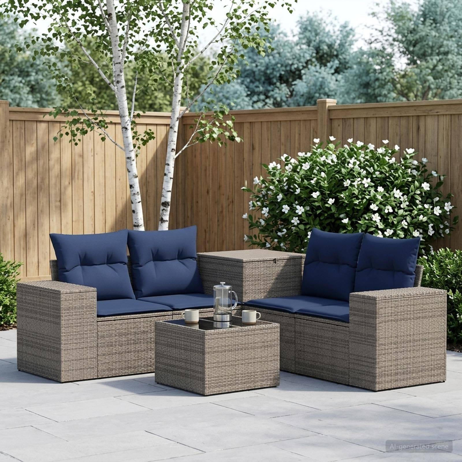 Gartenpolsterset mit zwei Rattansofen, marineblauen Kissen und passenden Couchtischen auf einer gepflasterten Terrasse im Hinterhof, umrahmt von einem Holzzaun und Sträuchern.