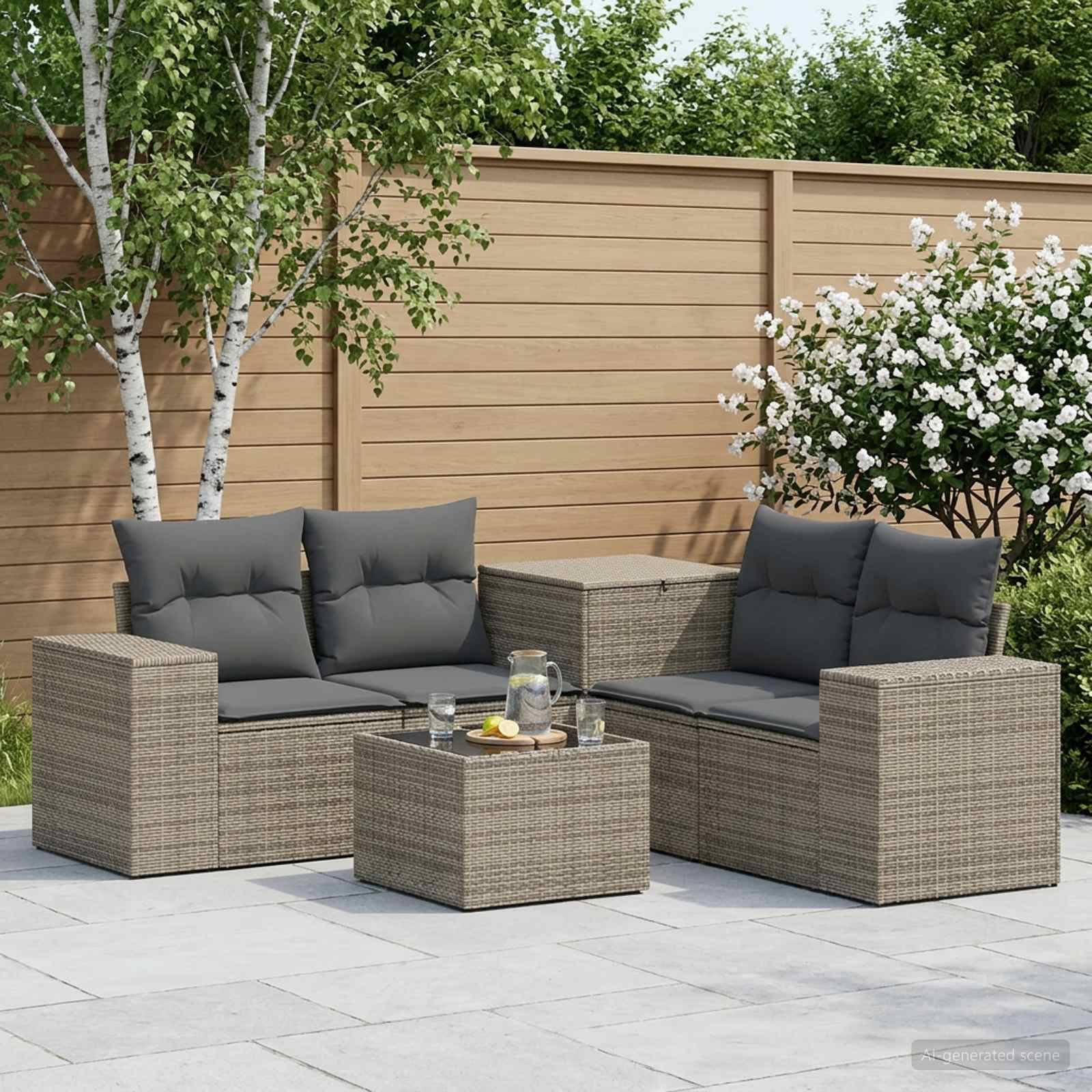 Gartenmöbel-Set für die Terrasse mit zwei Korbliebessitzen, Couchtisch und Kissen in einem eingezäunten Garten.