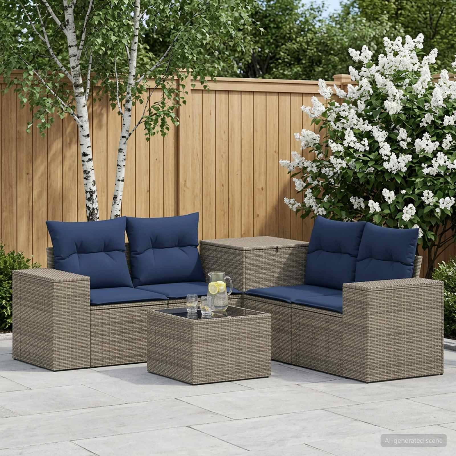 Gartenset für die Terrasse mit zwei Korbliebessitzen, blauen Kissen und passenden quadratischen Tischen auf einer Steinterrasse neben einem Holzzaun und blühenden Büschen.