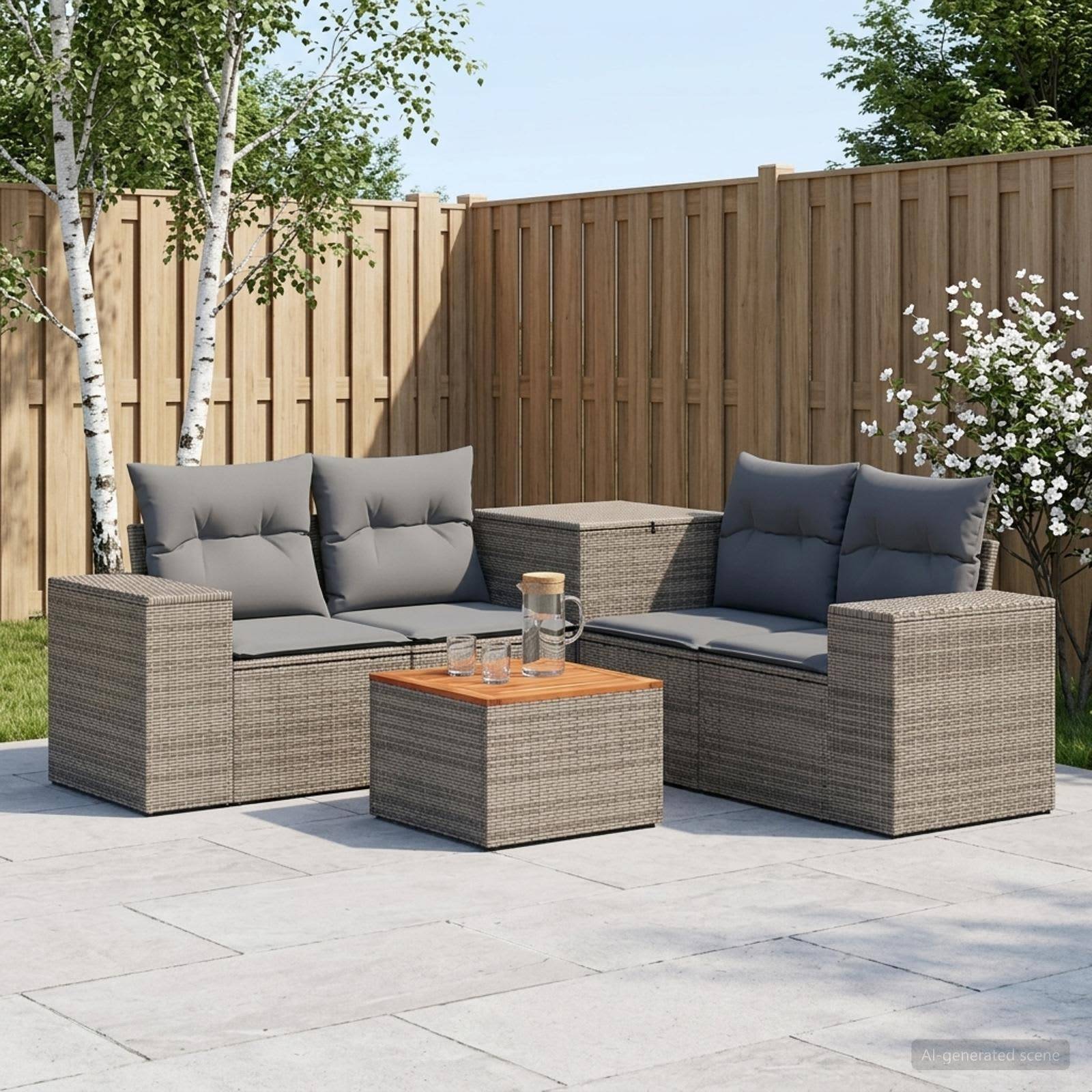 Gartenmöbelset für die Terrasse mit zwei Korbsofas, gepolsterten Stühlen und einem kleinen Couchtisch auf einer Betonterrasse neben einem Holzzaun und Bäumen.
