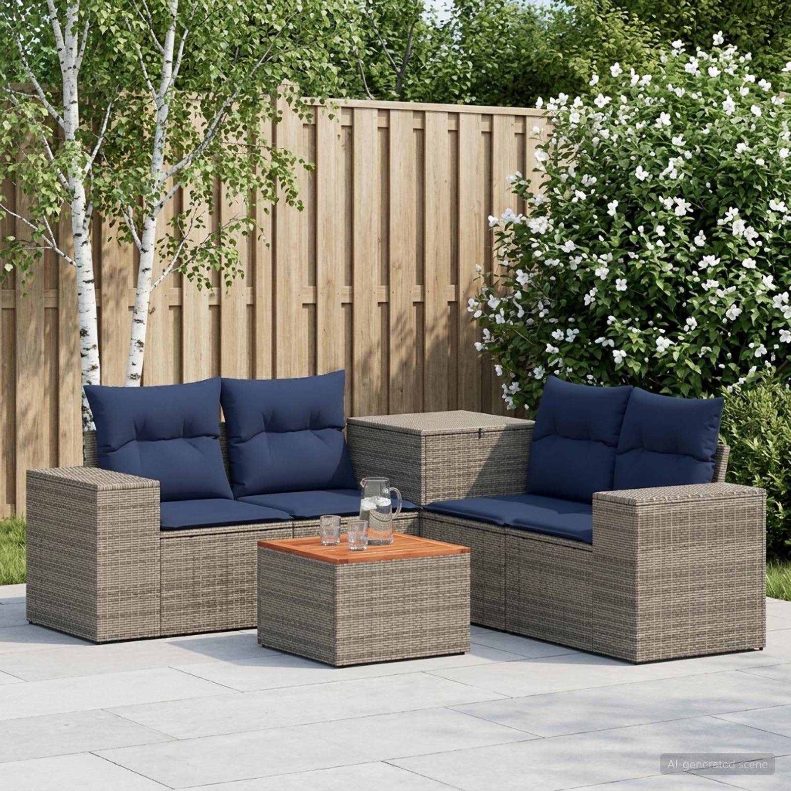 Outdoor-Terrassensitzgarnitur mit zwei grauen Korbsesseln, einem passenden Tisch und marineblauen Kissen neben einem Holzzaun und Grünflächen.