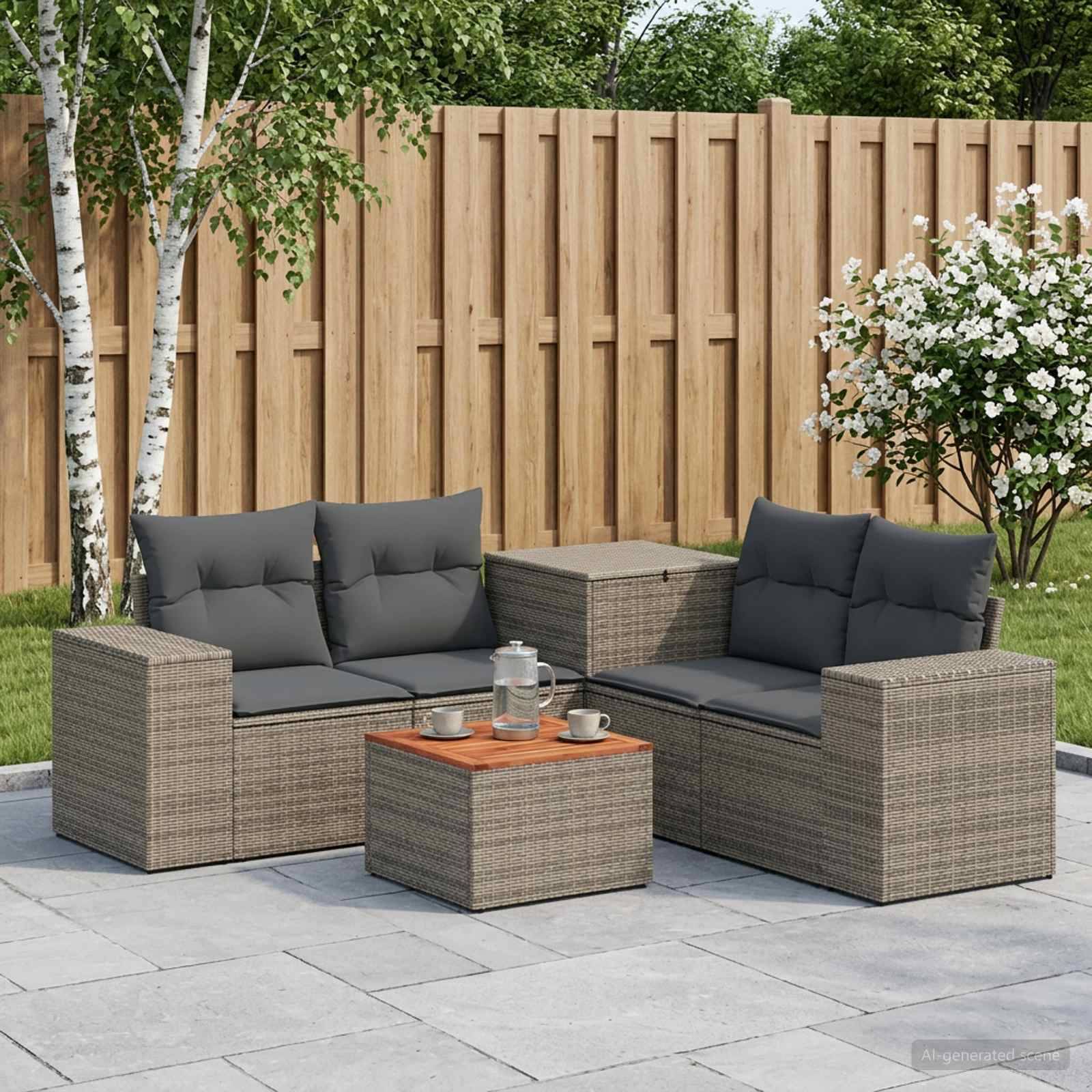 Gartenmöbelset für die Terrasse mit zwei Korbsofas, einem passenden Couchtisch und dunklen Kissen auf einer gepflasterten Terrasse neben einem Holzzaun und Bäumen.
