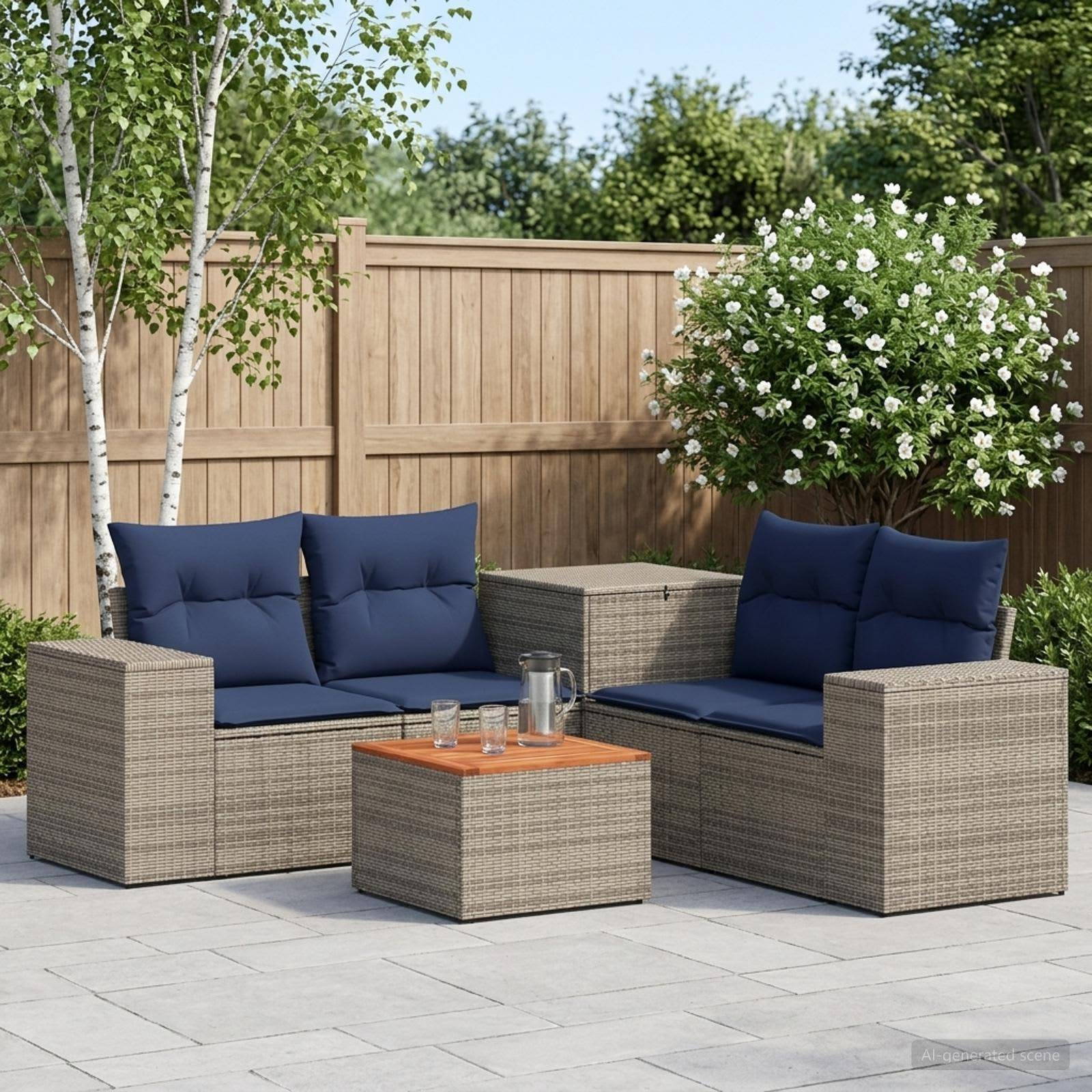 Möbel-Set für die Außenterrasse mit zwei Korbliebessitzen, marineblauen Kissen, einem passenden Hocker und einem kleinen Tisch in einem eingezäunten Garten.