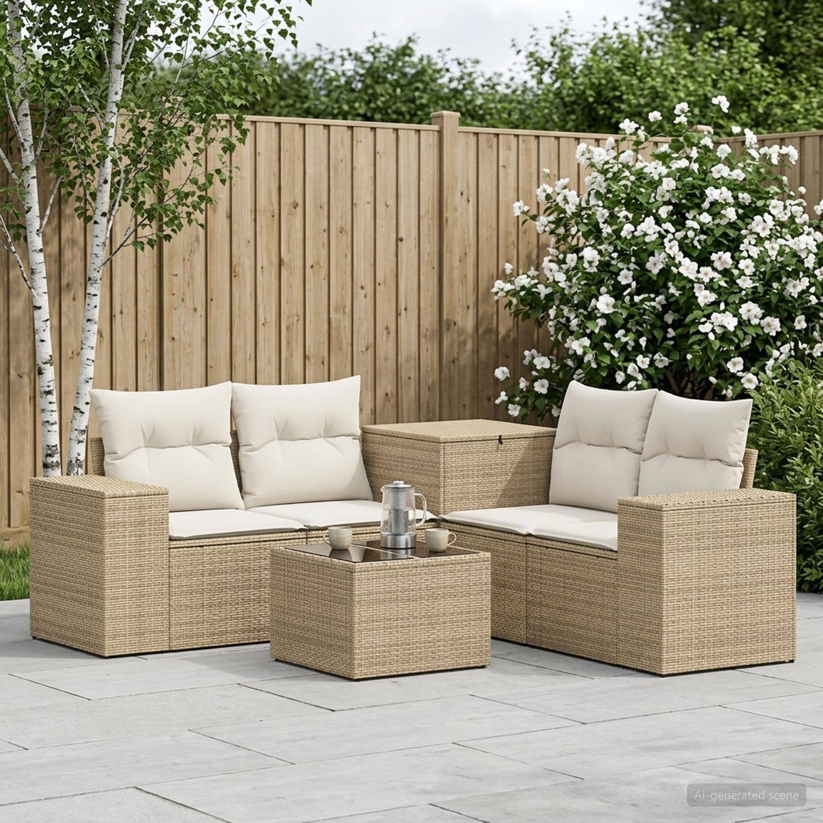 Outdoor-Sitzgruppe mit zwei Korbsesseln, Kissen und passendem Couchtisch auf einer gefliesten Terrasse neben einem Holzzaun und einem blühenden Strauch.