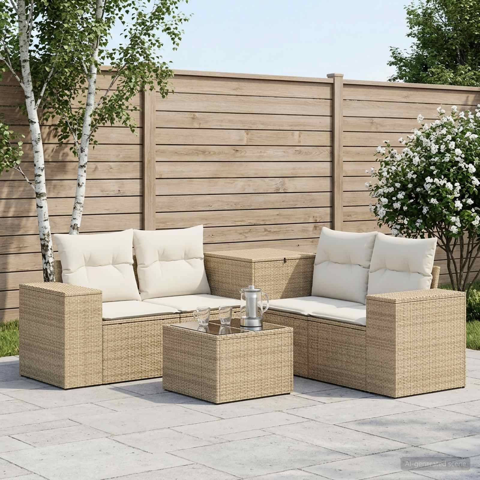 Gartenmöbel-Set für die Terrasse mit zwei Korbsofas, gepolsterten Stühlen und passendem Couchtisch auf einer gefliesten Terrasse neben einem Holzzaun und Bäumen.