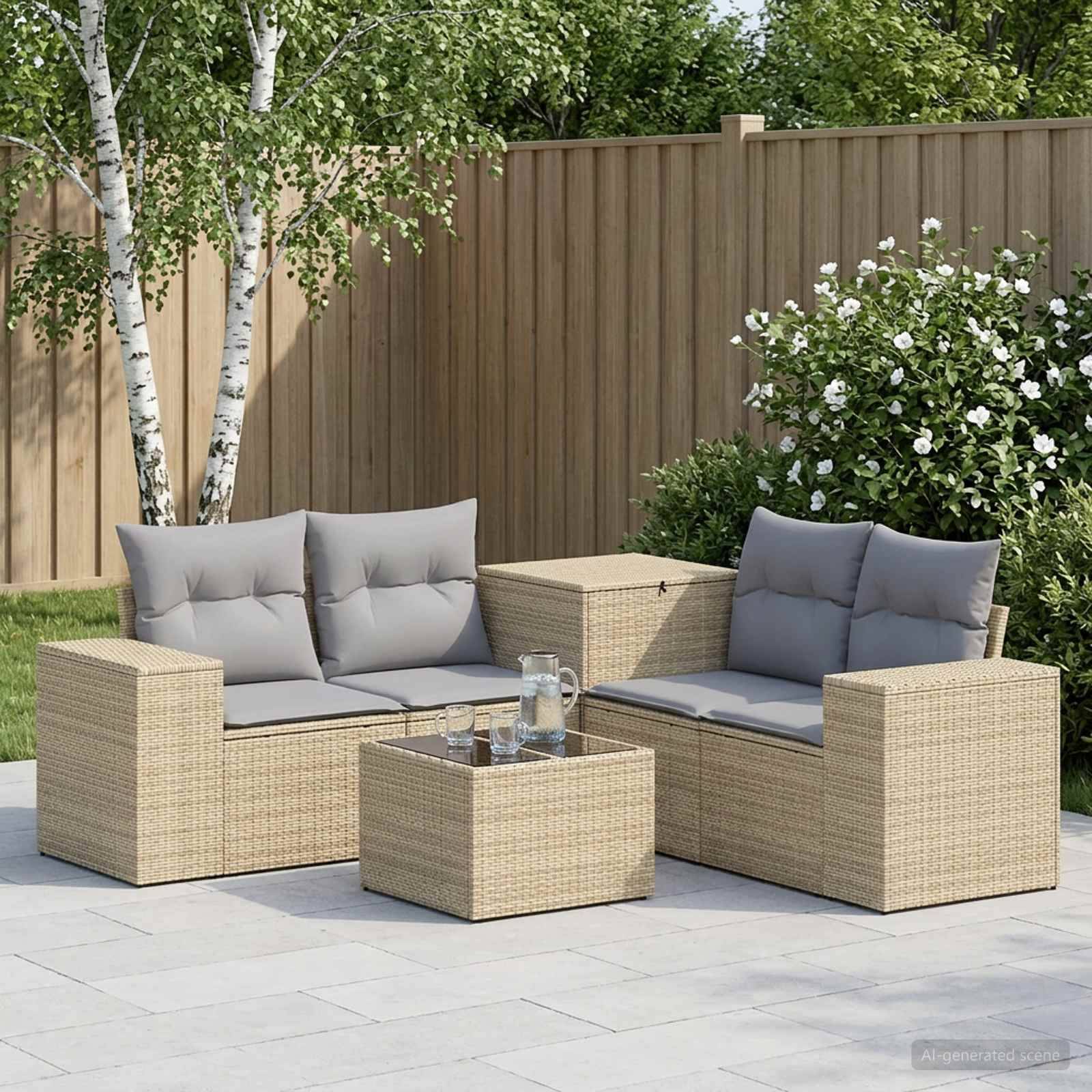 Gartenplatz-Sitzgruppe mit zwei Korbsofas, einem passenden Tisch und grauen Kissen in einem eingezäunten Gartenbereich.