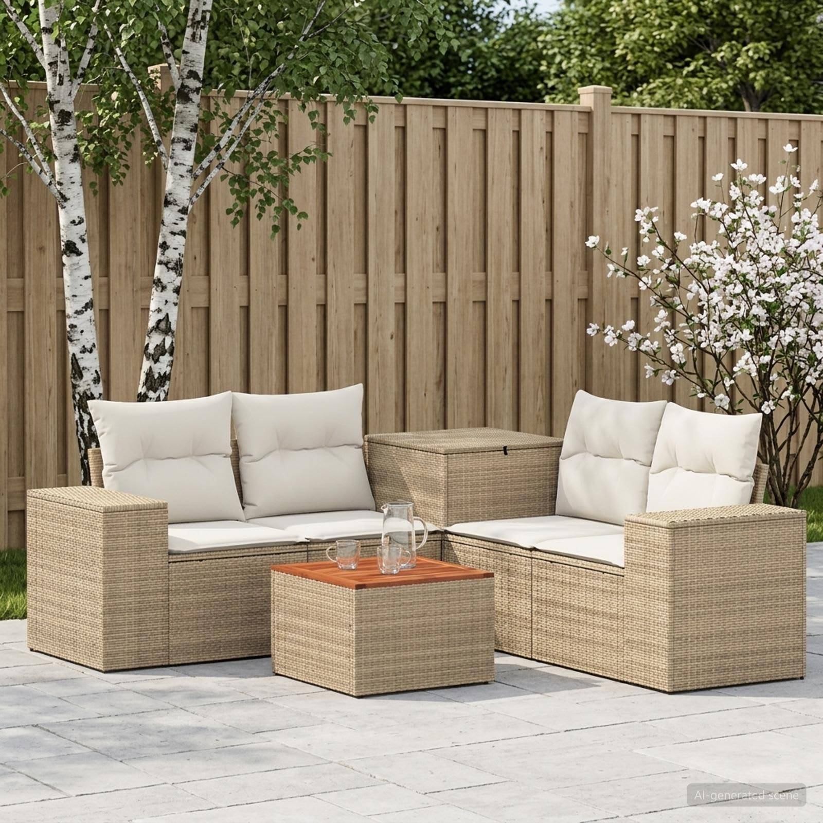 Sitzgarnitur für die Außenterrasse mit zwei Korb-Sofas, quadratischem Couchtisch, weißen Kissen, Holzzaun, Birkenbäumen und blühendem Strauch.