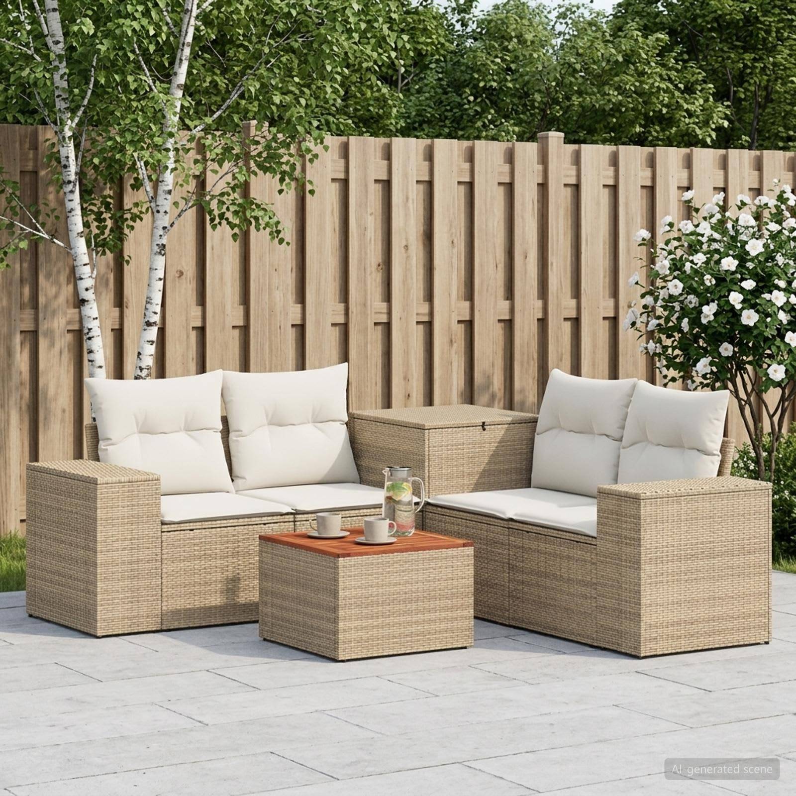 Outdoor-Terrassensitzgarnitur mit zwei Korbgeflecht-Zweisitzern, beigefarbenen Kissen und einem passenden Couchtisch in einem eingezäunten Gartenbereich.