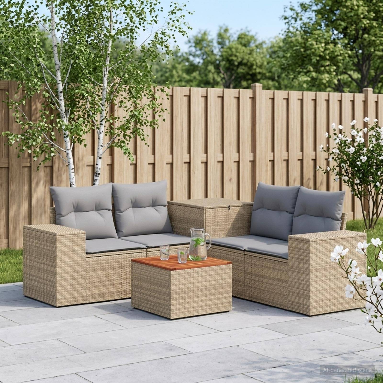 Außenbereich mit Terrasse, zwei Rattansofas, grauen Kissen und einem Couchtisch auf Steinplatten vor einem Holzzaun.