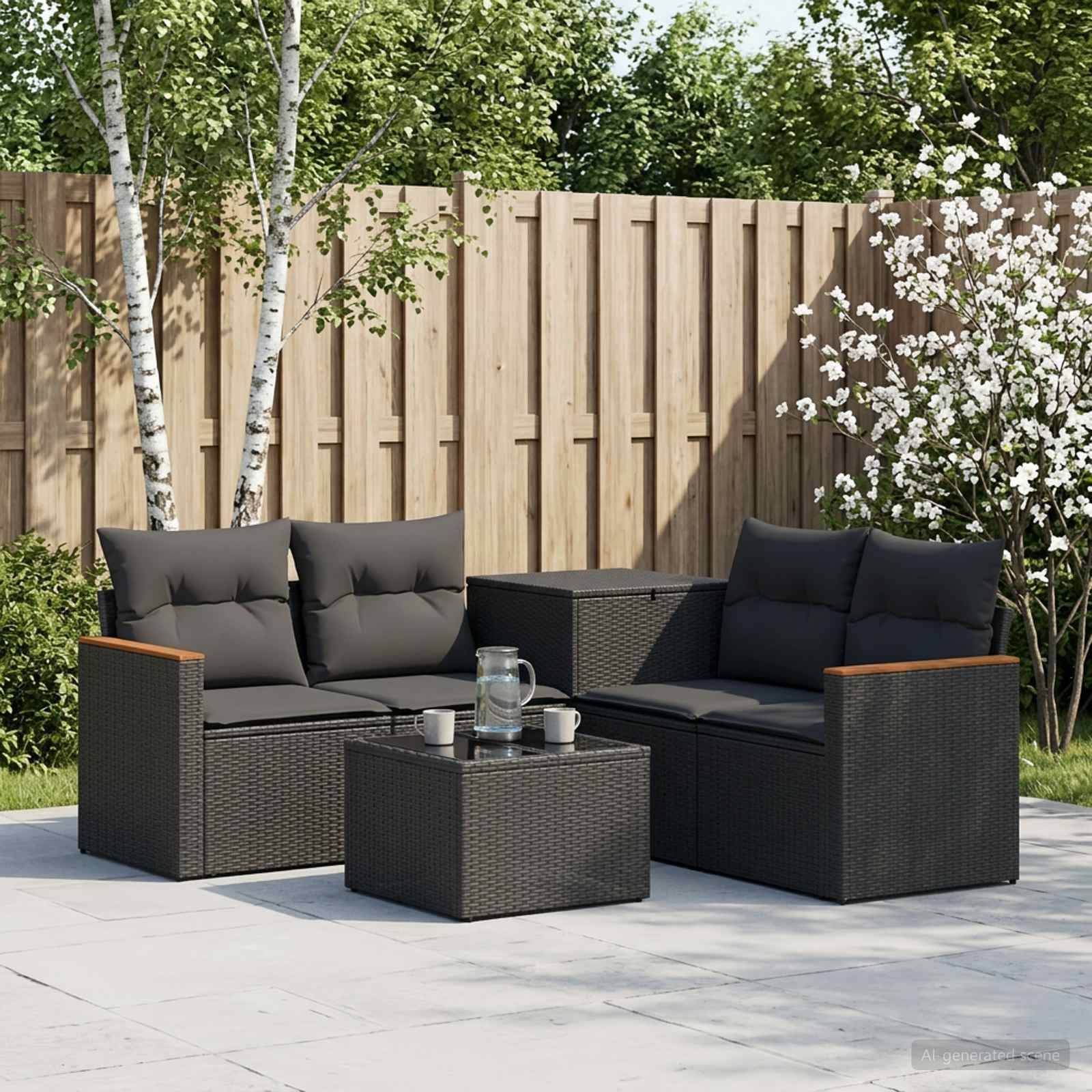 Outdoor-Sitzgarnitur für die Terrasse mit zwei schwarzen Rattansofas, Couchtisch und Getränken in einem eingezäunten Garten mit Bäumen und Blumen.