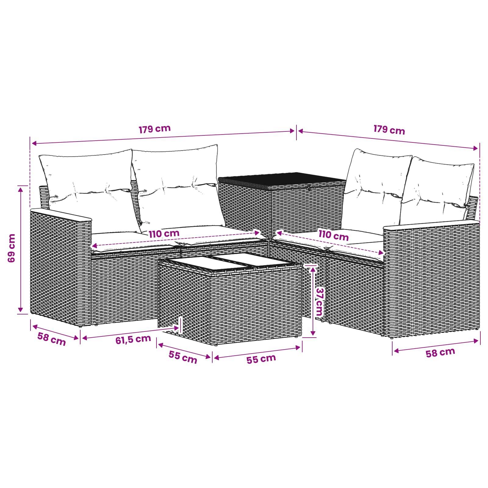 Diagramm von outdoor Polyrattan-Terrassensitzgelegenheit mit zwei Ecksofen, zentralem Couchtisch und Beistelltisch; beschriftete Maße zeigen Gesamtbreite, Tiefe und Höhe in cm.