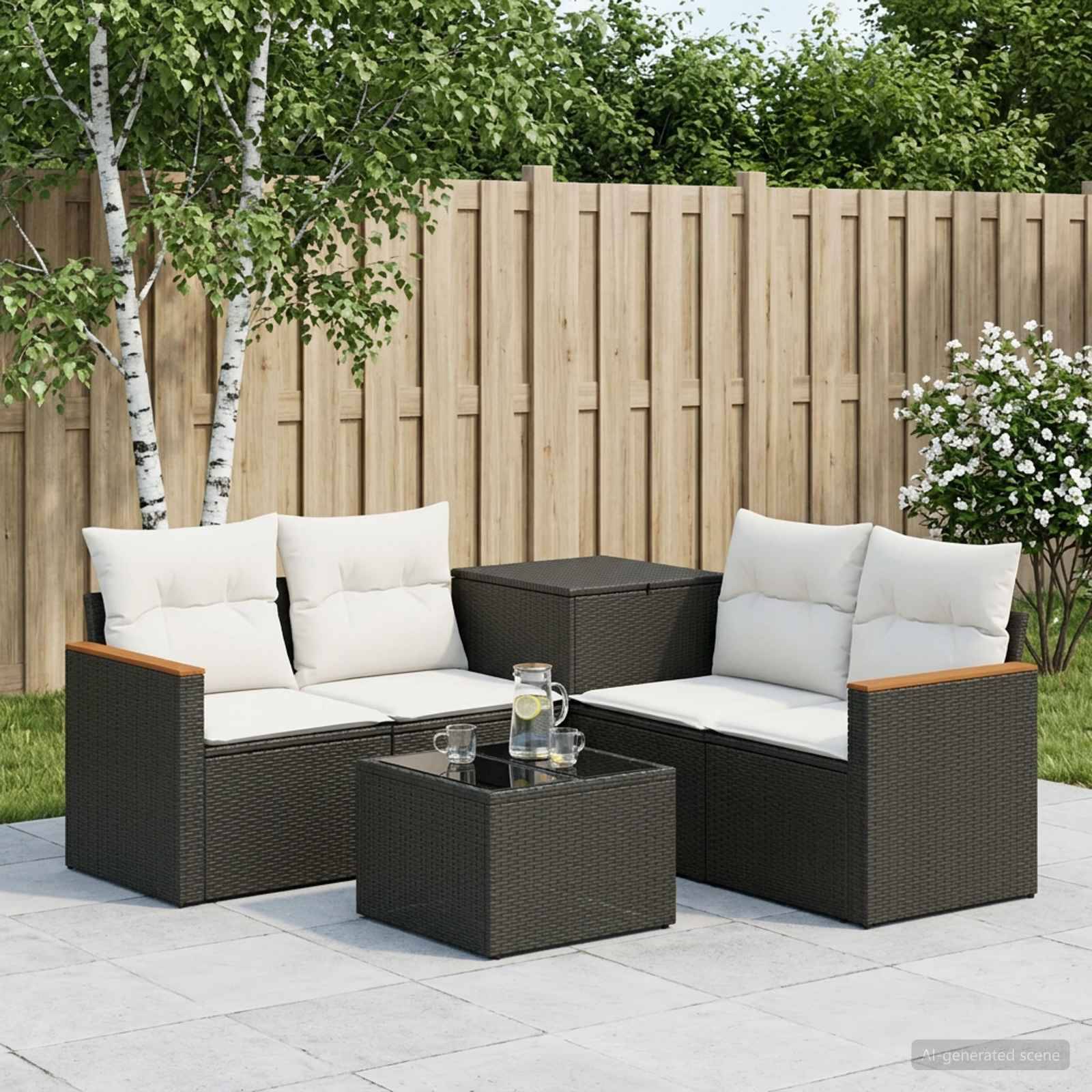 Außensitzgarnitur für die Terrasse mit zwei dunkelgeflecht-Zweisitzern, weißen Kissen und passenden Tischen auf einer gepflasterten Terrasse neben einem Holzzaun und Sträuchern.