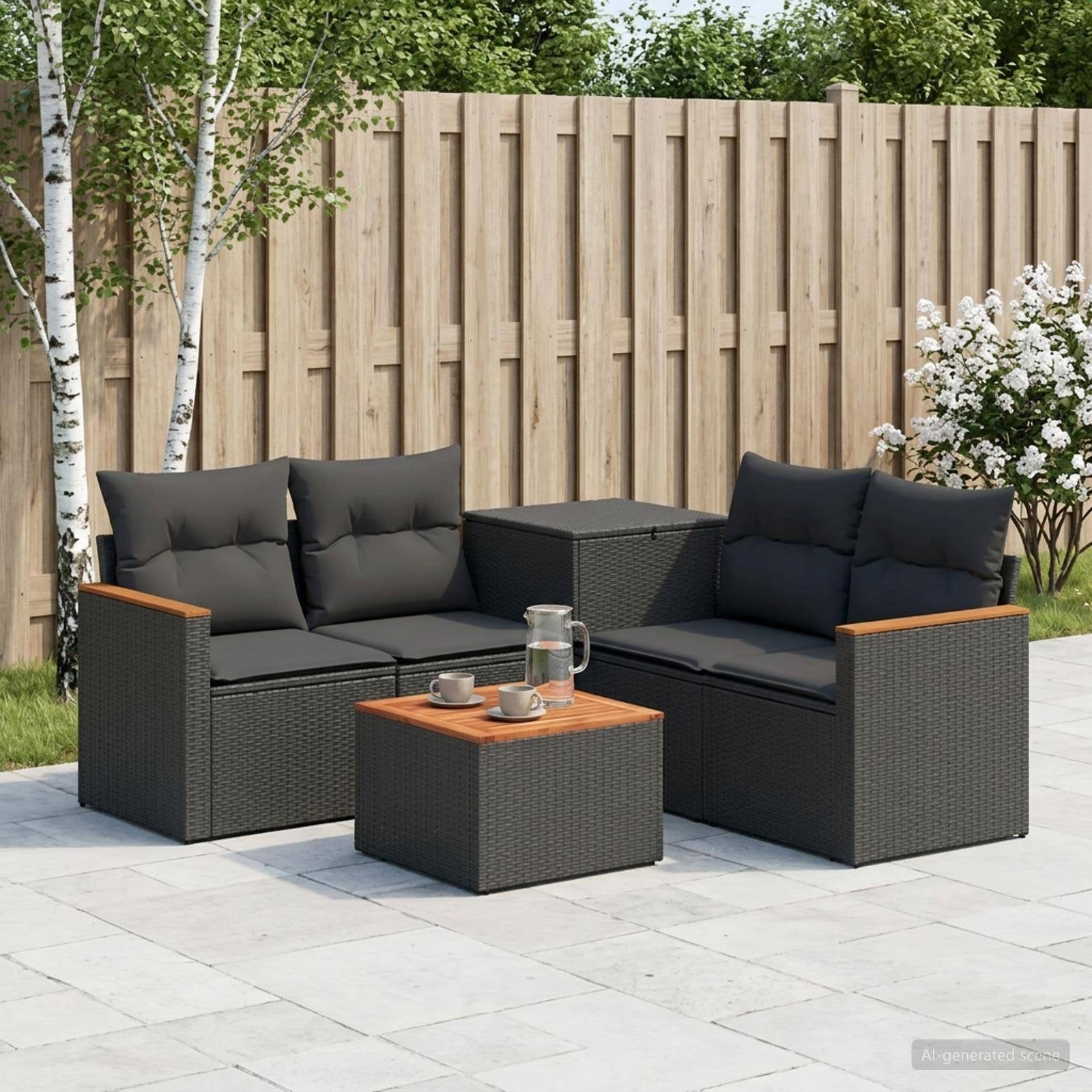 Outdoor-Sitzgarnitur mit zwei schwarzen gepolsterten Sofas, quadratischem Couchtisch und Beistelltisch auf einer gefliesten Terrasse neben einem Holzzaun.