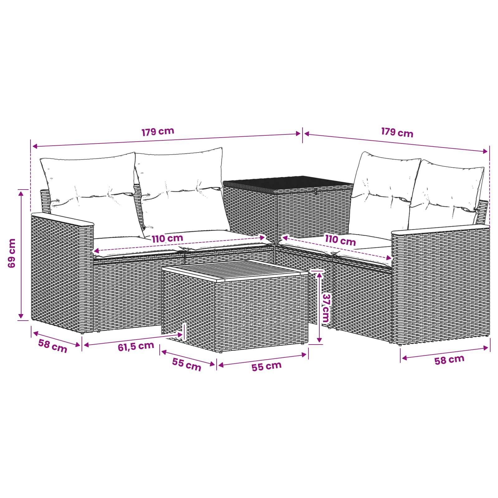 Diagramm eines modularen Rattan-Außensitzsets mit zwei Ecksofas, einem Tisch und mit Abmessungen in Zentimetern gekennzeichnet.