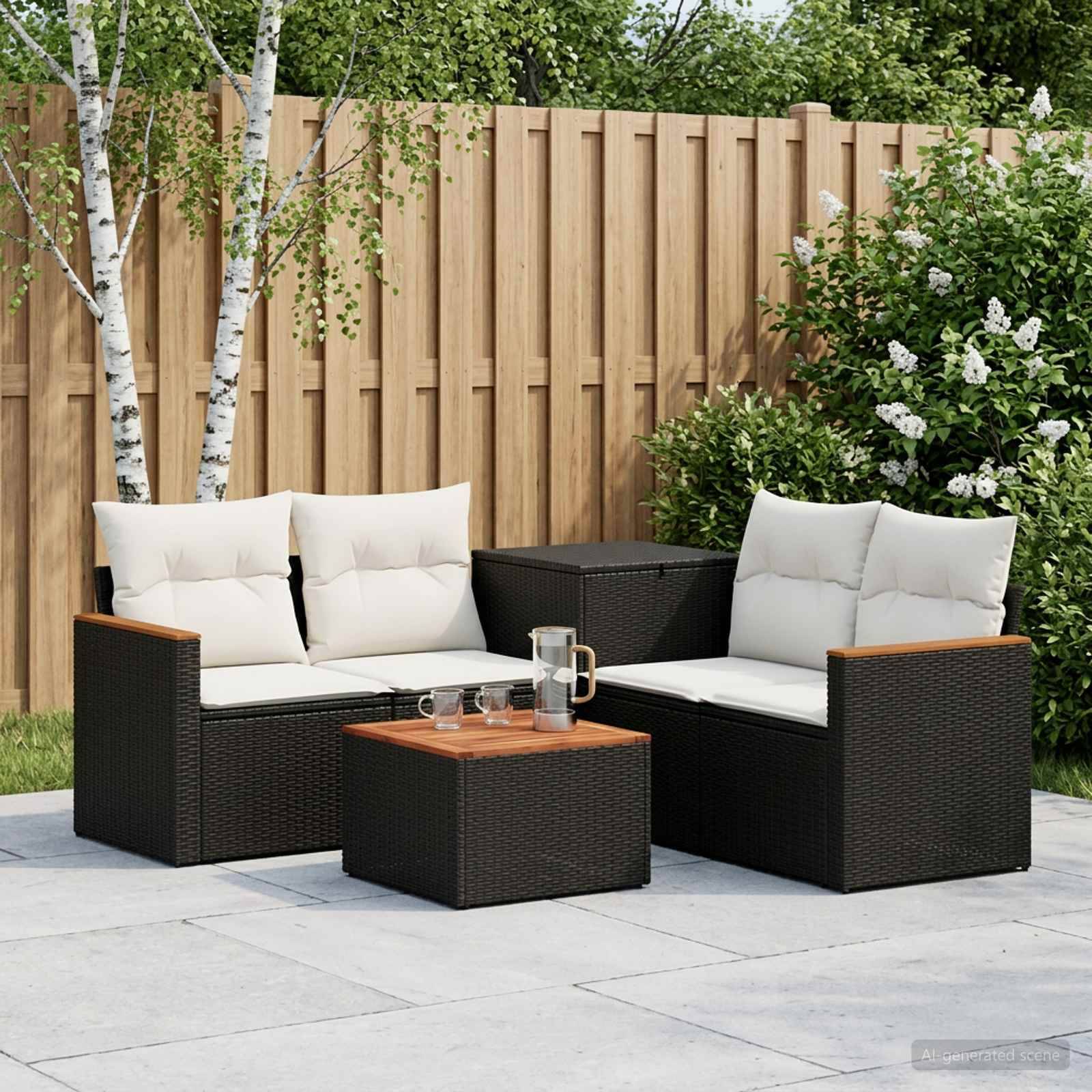 Außenmöbel-Sitzmöbel mit zwei Korbsofas, Couchtisch und Kissen auf einer gepflasterten Patio im Hinterhof an einem Holzzaun und Sträuchern.