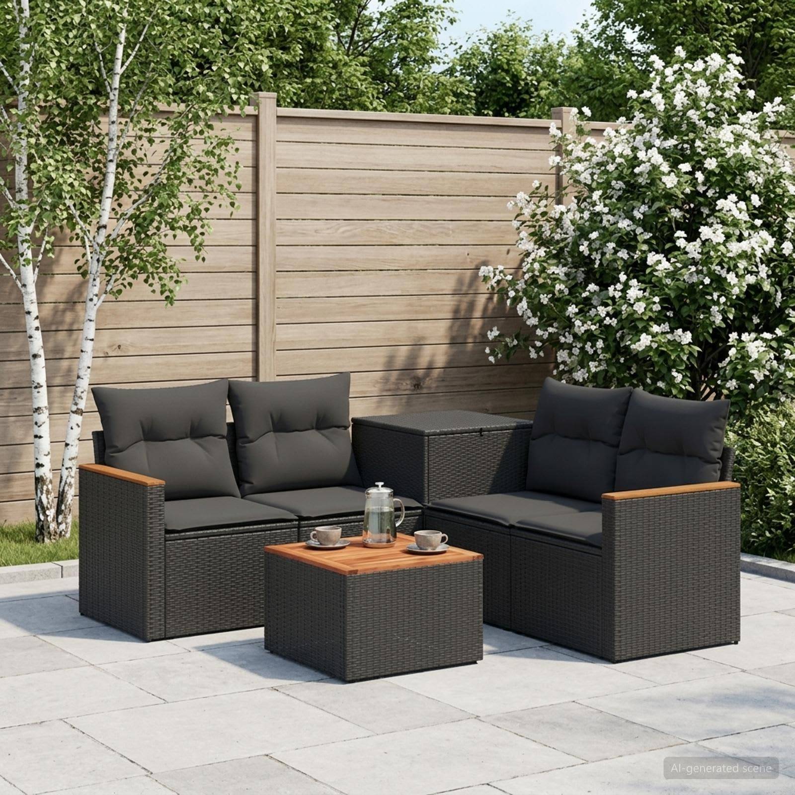 Gartenmöbelset im Freien mit zwei dunklen Rattansesseln, einem passenden Couchtisch und Kissen auf einer Steinterrasse neben einem Holzzaun und blühenden Sträuchern.
