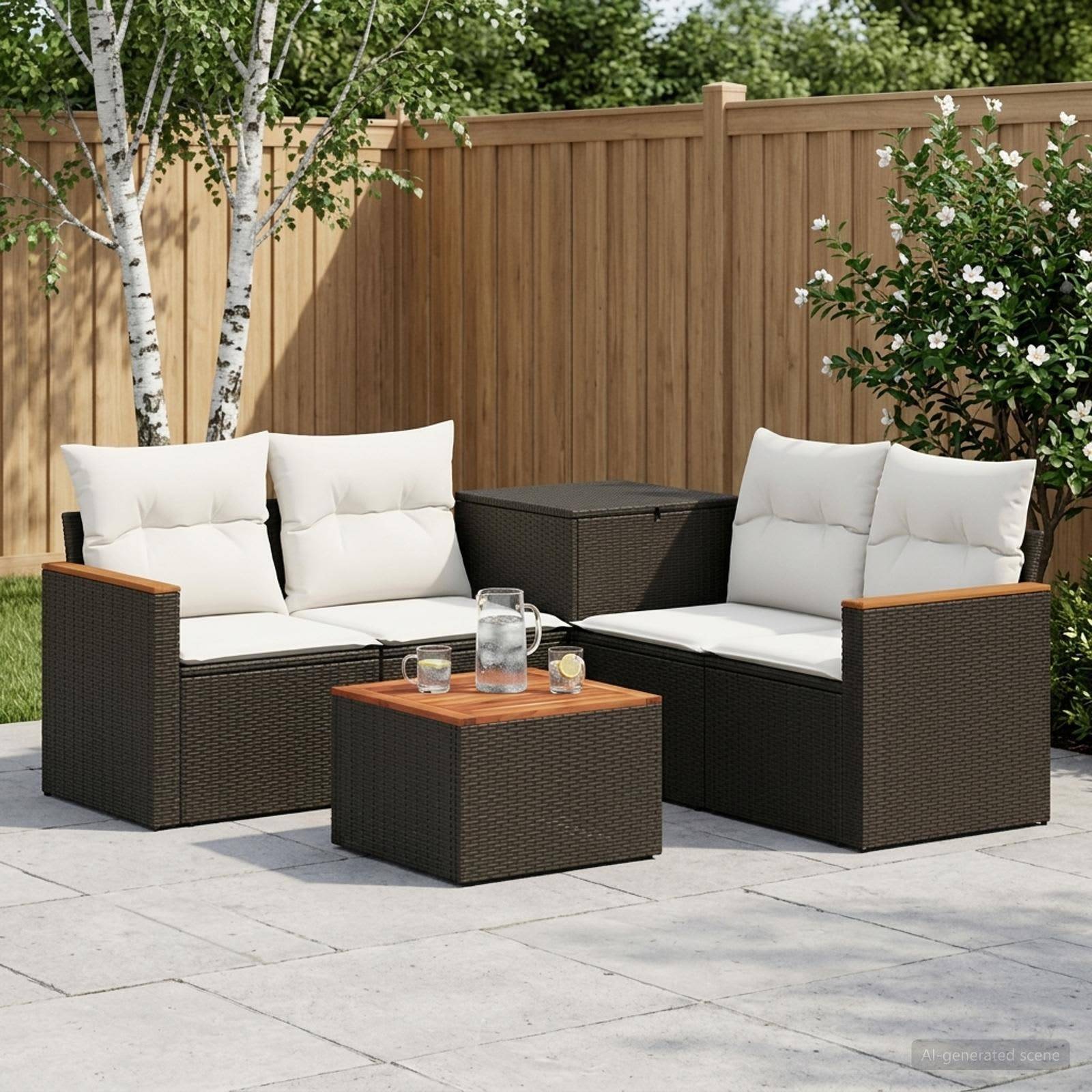 Gartenmöbel-Set mit zwei Korbliebessitzen, Kissen, einem passenden Couchtisch und einem Beistelltisch in einem eingezäunten Garten.