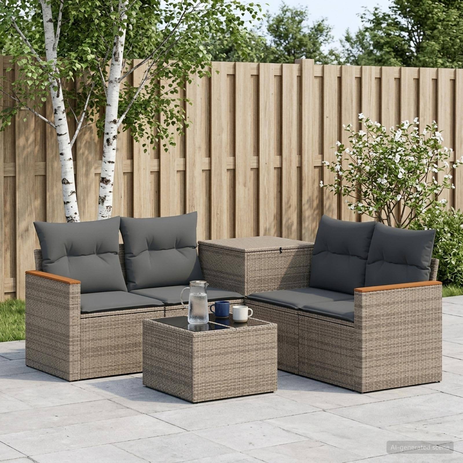 Gartenmentalität mit zwei Korbliebessitzen, passender Tisch und Kissen auf einer Steinplattform neben einem Holzzaun und Bäumen.
