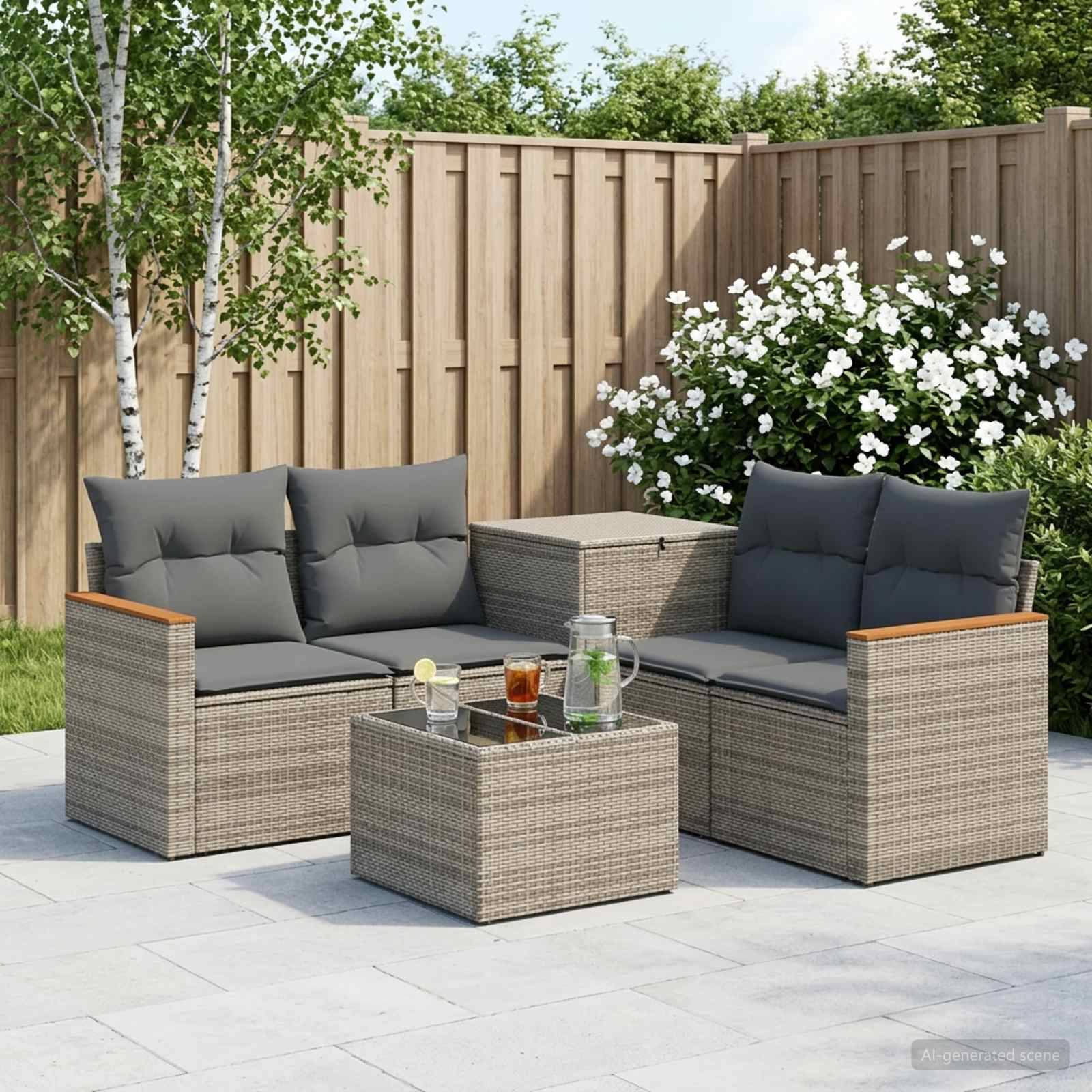 Outdoor-Terrassenbestuhlung mit zwei Korbrattan-Zweisitzern, passendem Tisch und grauen Kissen in einem umzäunten Gartenbereich.