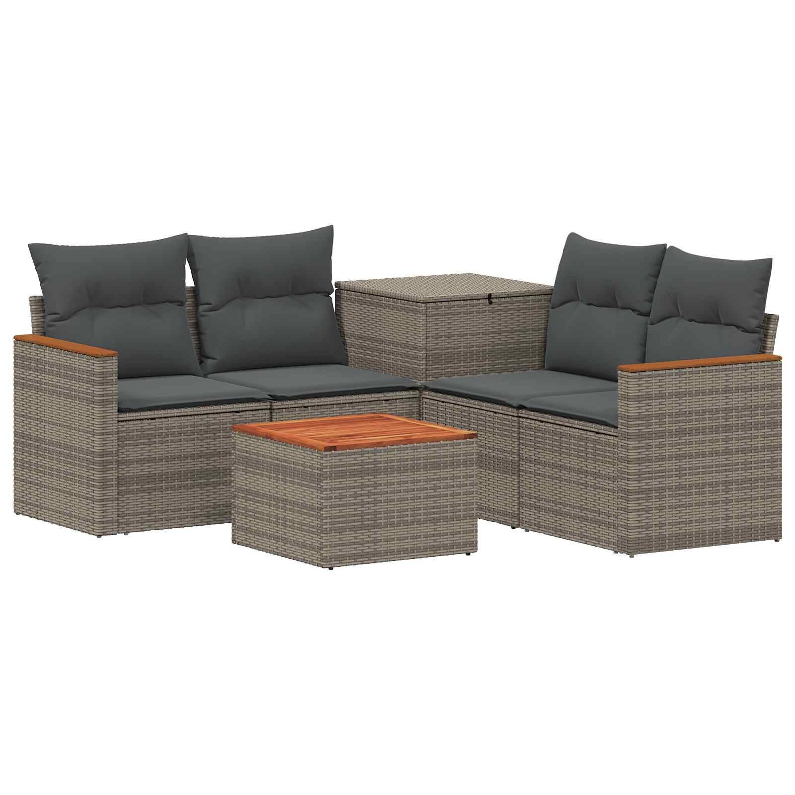 Outdoor-Rattangarnitur für die Terrasse mit zwei Zweiersofa, zwei Beistelltischen mit Stauraum und passendem Couchtisch mit Holztop-Akzenten, graue Polster