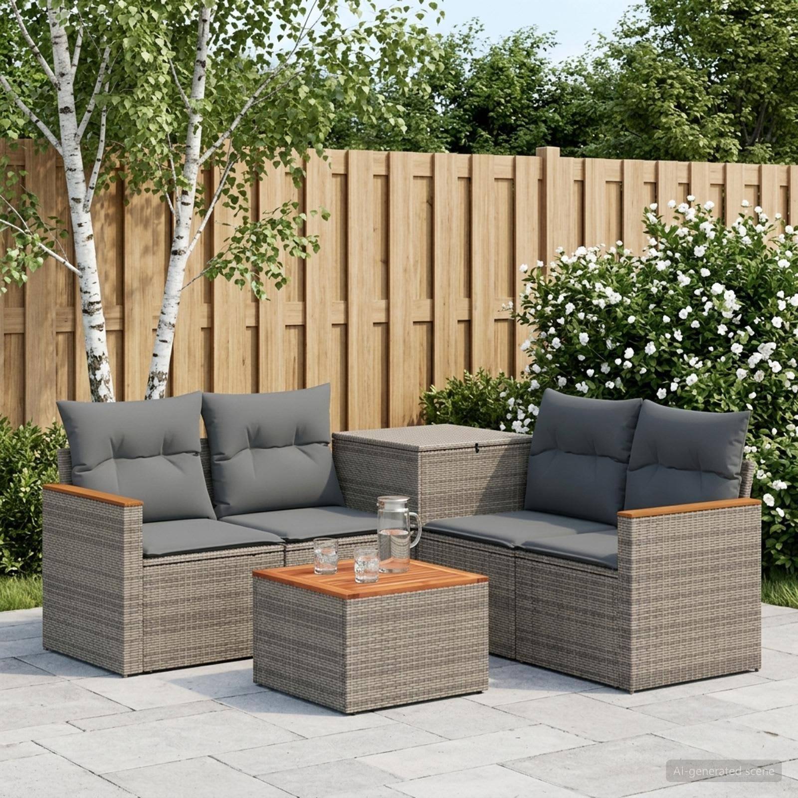 Gartenmöbel-Set für die Terrasse mit zwei grauen Rattansofas, passendem Couchtisch, Aufbewahrungsbox und Kissen auf einer Steinterrasse in einem Garten.