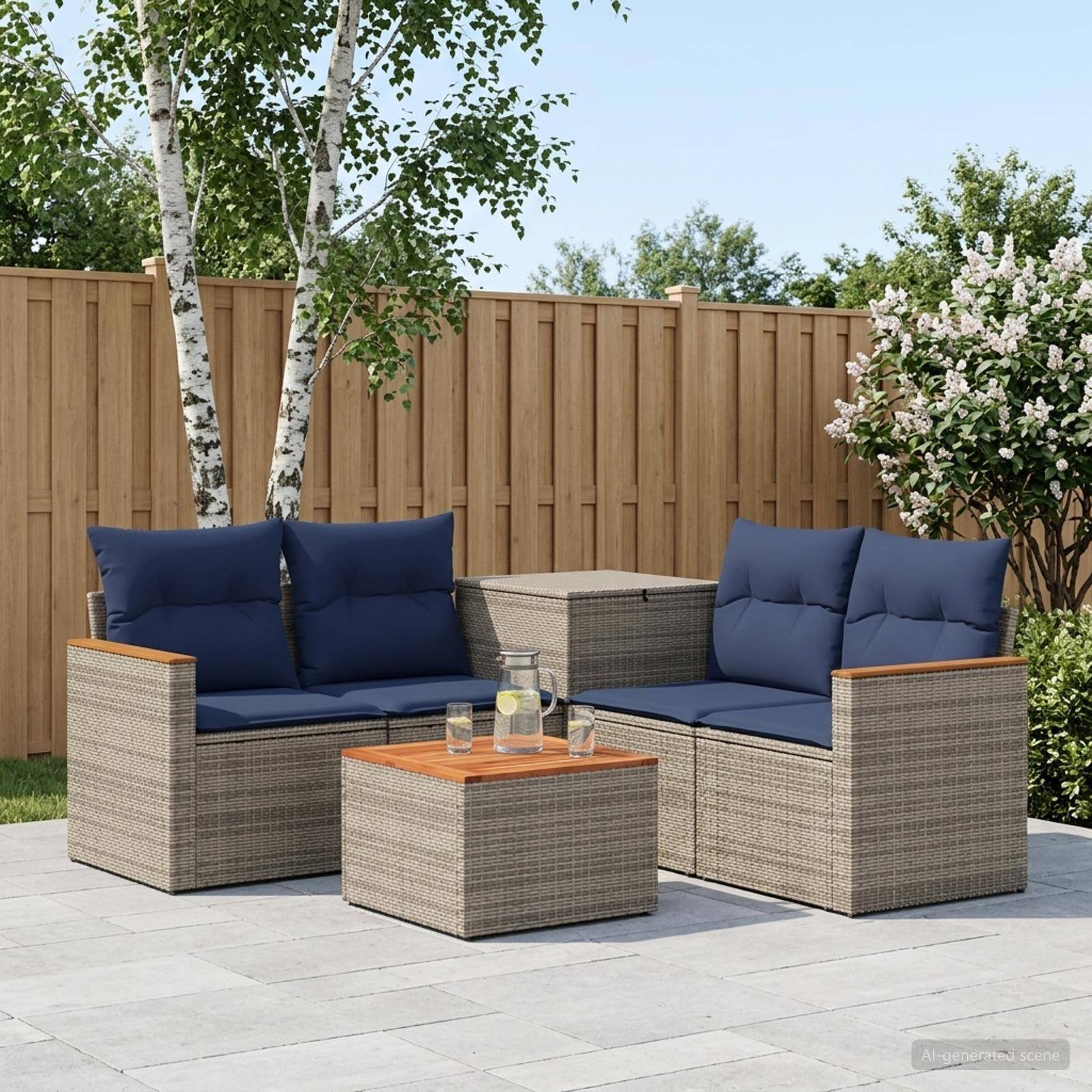 Outdoor-Terrassenmöbel-Set mit zwei Korbflecht-Zweisitzern, blauen Kissen und zwei passenden Tischen auf einem gepflasterten Hof neben einem Holzzaun.