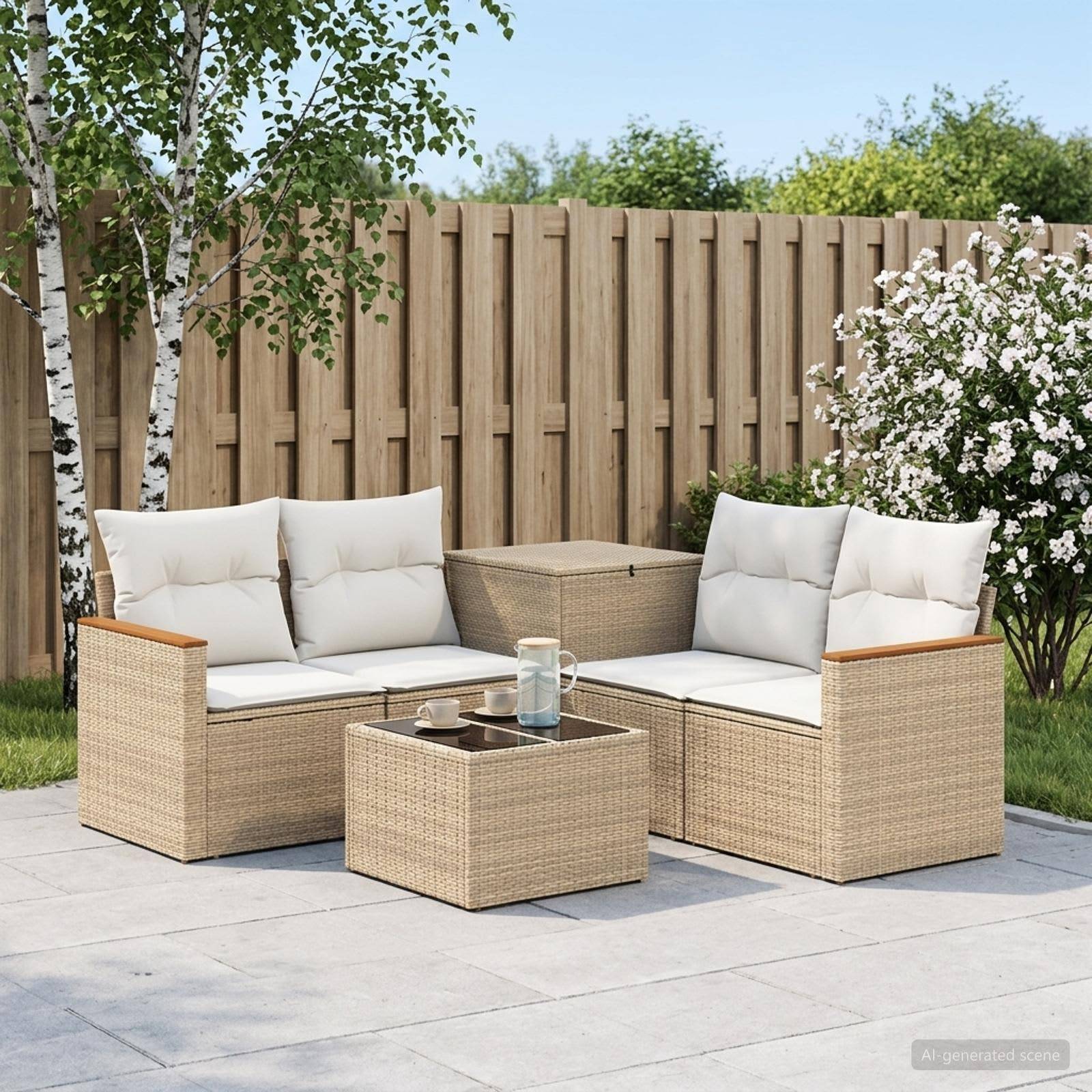 Outdoor-Terrassensitzgruppe mit zwei beigen Polyrattan-Sofas, einem passenden Hocker und einem Couchtisch mit Getränken, vor einem Holzzaun und Grünflächen.