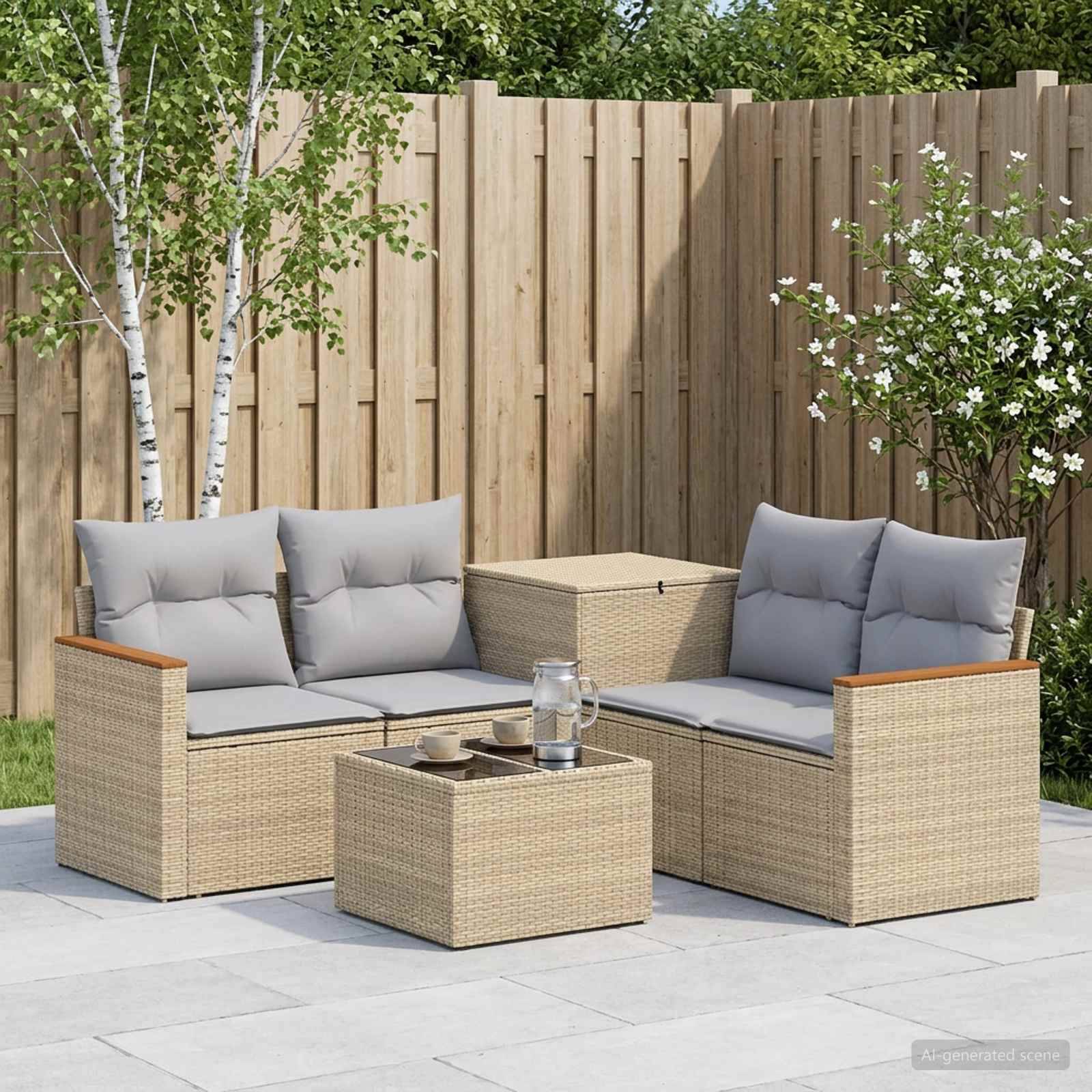 Outdoor-Terrassenmöbelset mit zwei Korbsofas, passendem Tisch, Kissen und einem niedrigen Couchtisch in einem eingezäunten Garten.