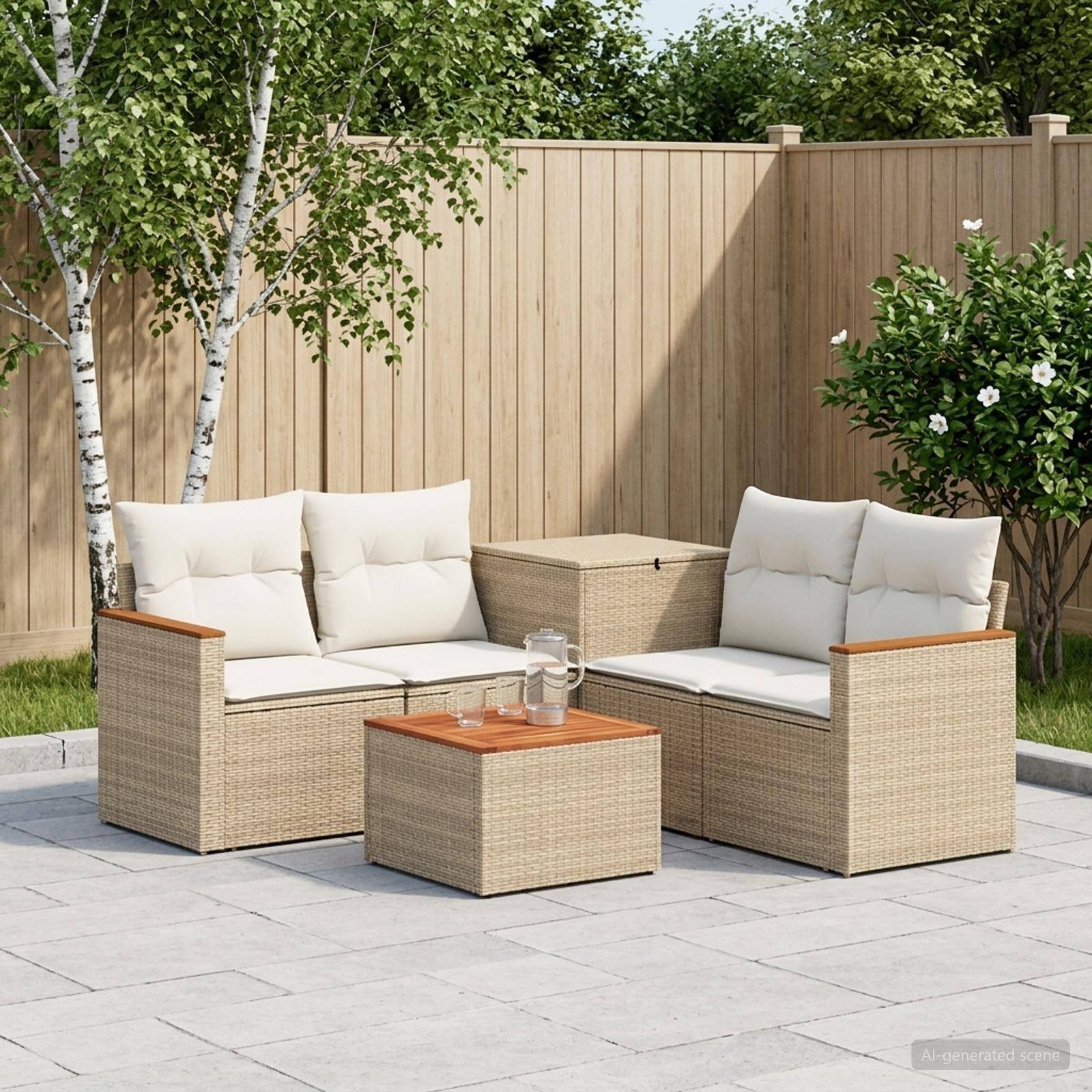Gartenmöbel-Set für die Terrasse mit zwei gepolsterten Rattansofas, passendem Couchtisch und Stauraum-Pouf auf einer gepflasterten Hofterrasse.