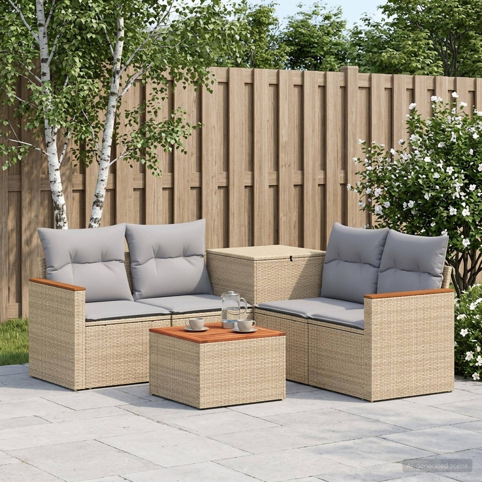 Outdoor-Sitzmöbel für die Terrasse mit zwei Korbsofas, einem passenden Tisch und grauen Kissen auf einer gefliesten Terrasse neben einem Holzzaun und Sträuchern.