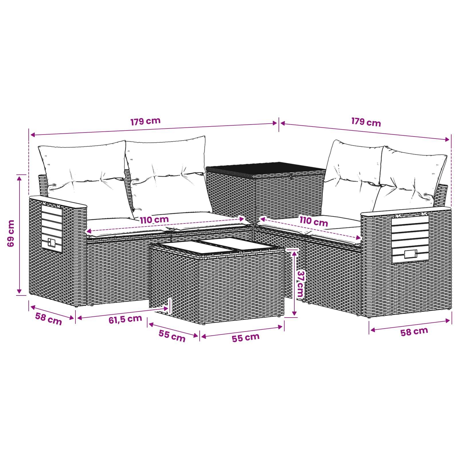 Dimensioniertes Diagramm eines modularen Flechtmöbel-Außensofasatzes mit zwei Eckplätzen, Mitteltisch, Kissen und in Zentimetern beschrifteten Maßen.