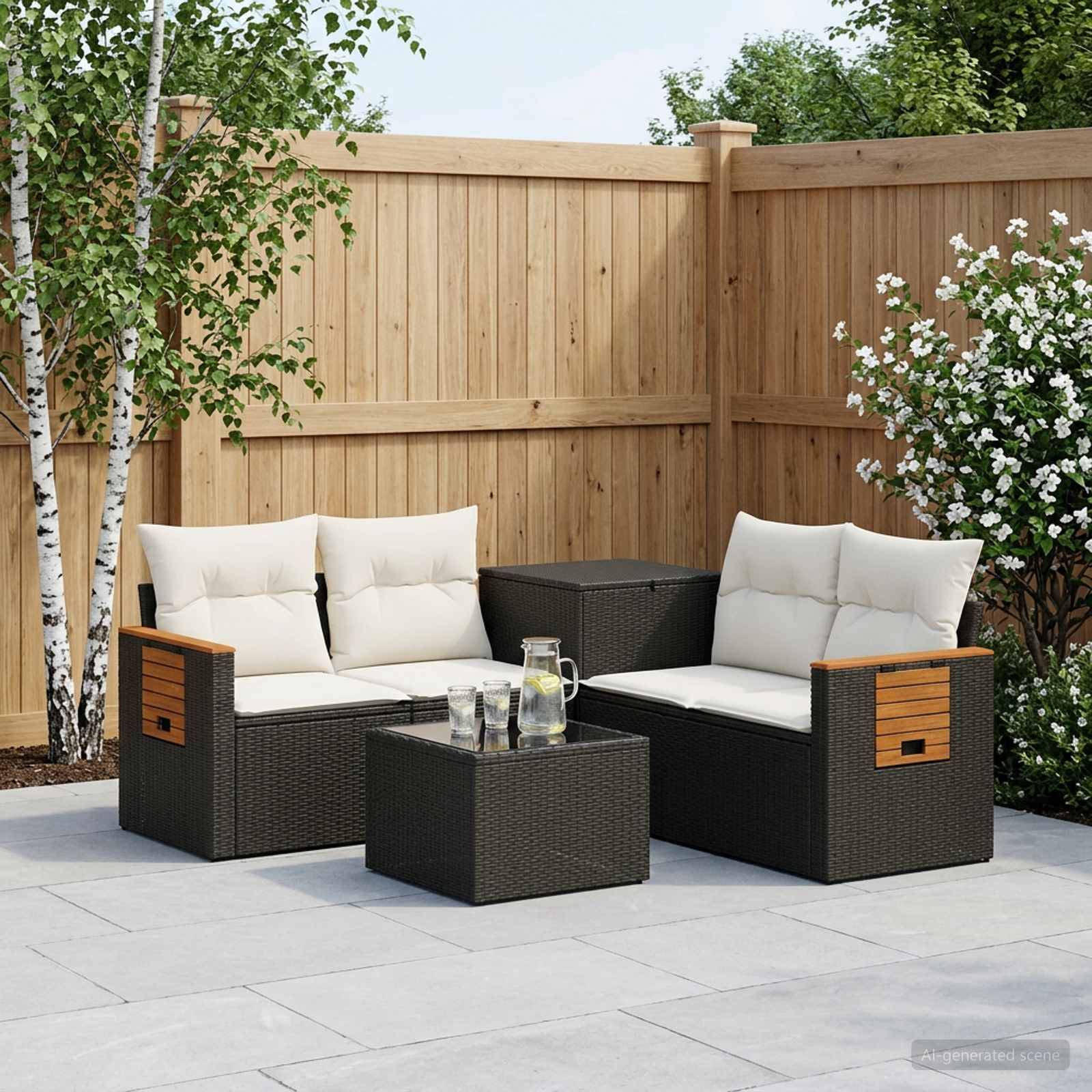Outdoor-Sitzgarnitur im Garten mit zwei Korbliebessitzen, einem quadratischen Couchtisch und Kissen vor einem Holzzaun.