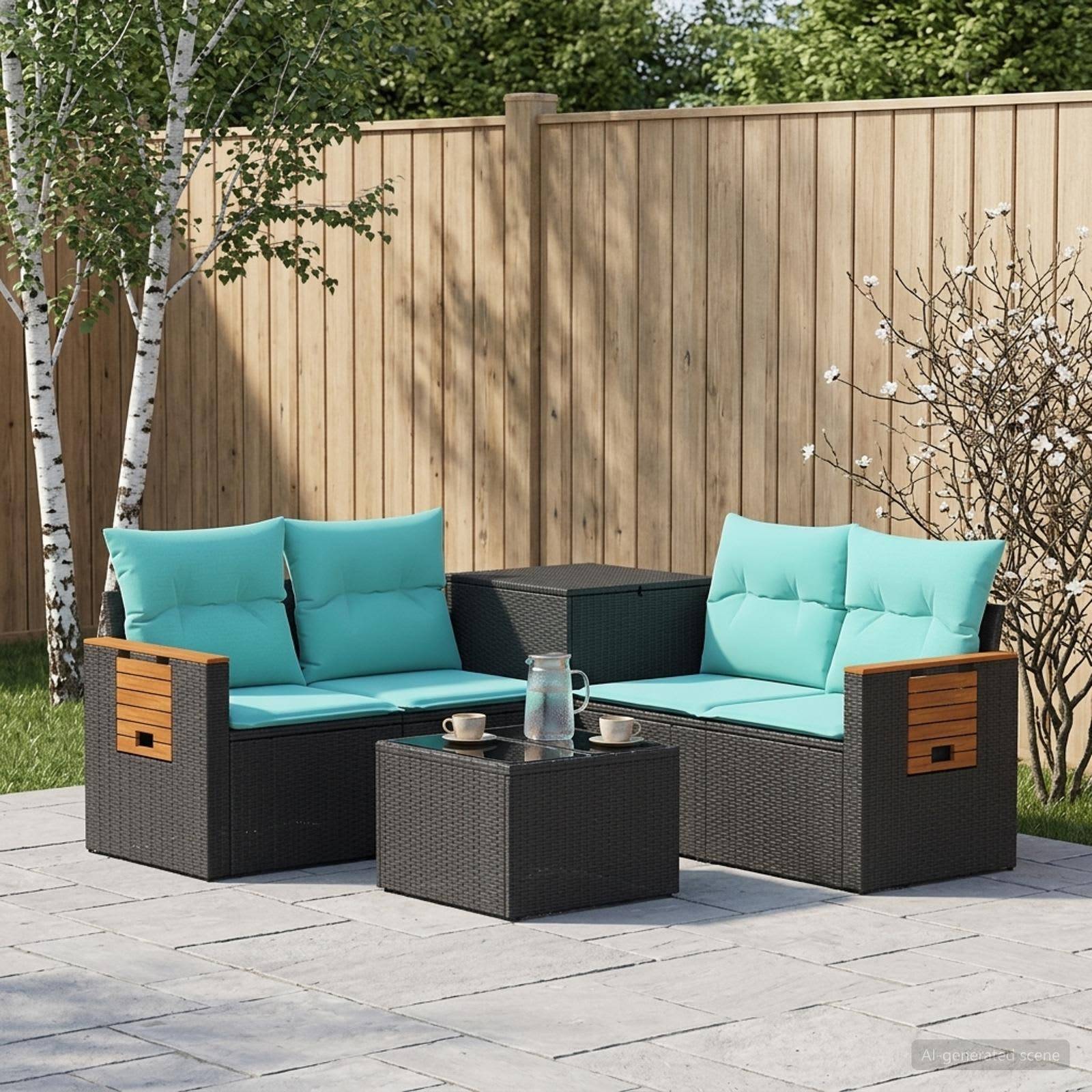Outdoor-Terrassensitzgarnitur mit zwei türkisfarbigen gepolsterten Korbsofas um einen schwarzen Couchtisch auf einer Steinterrasse vor einem Holzzaun.