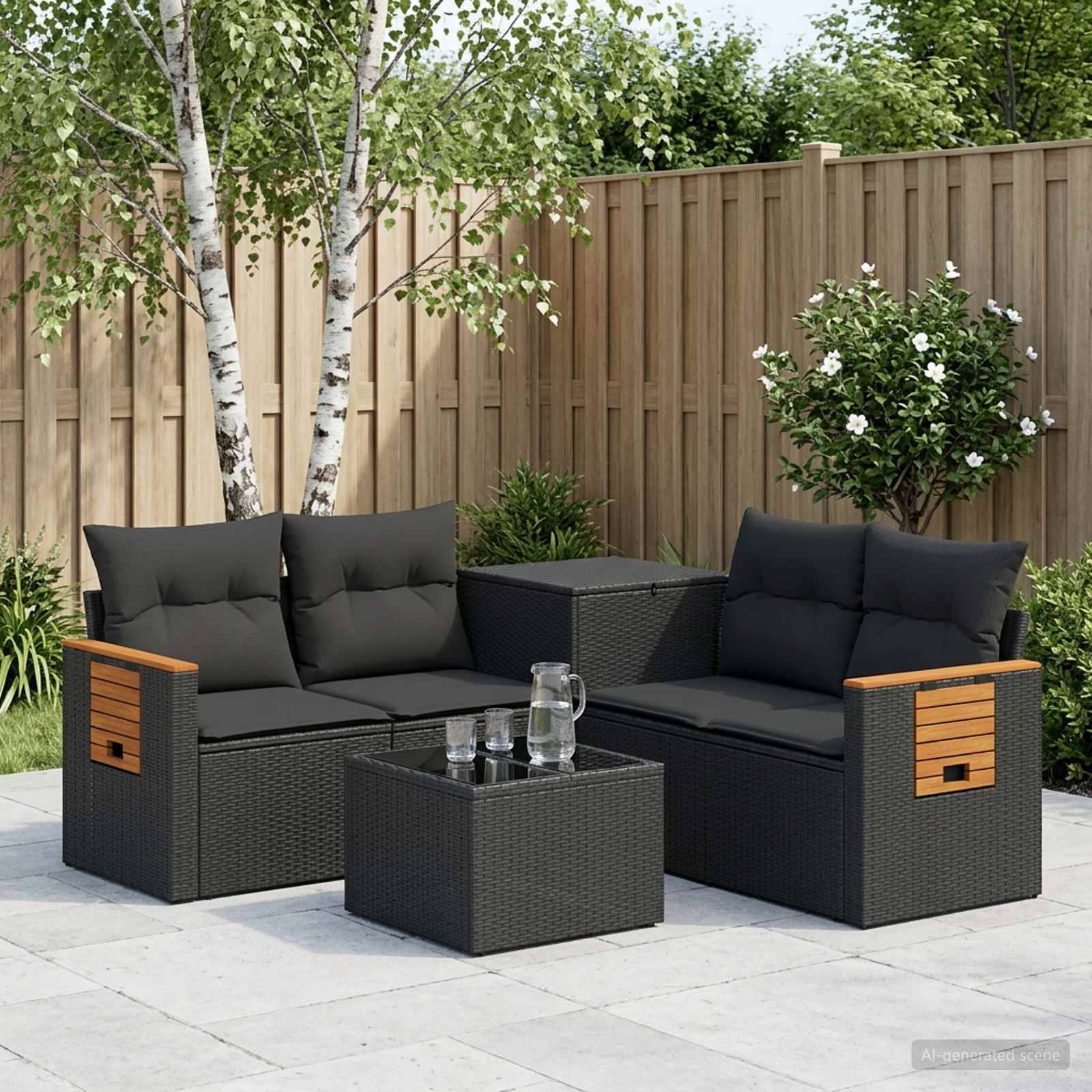 Gartenmöbel-Set auf der Terrasse mit zwei schwarzen gepolsterten Sofas und passendem Couchtisch auf gepflasterter Terrasse, umrahmt von einem Holzzaun und Grünflächen.
