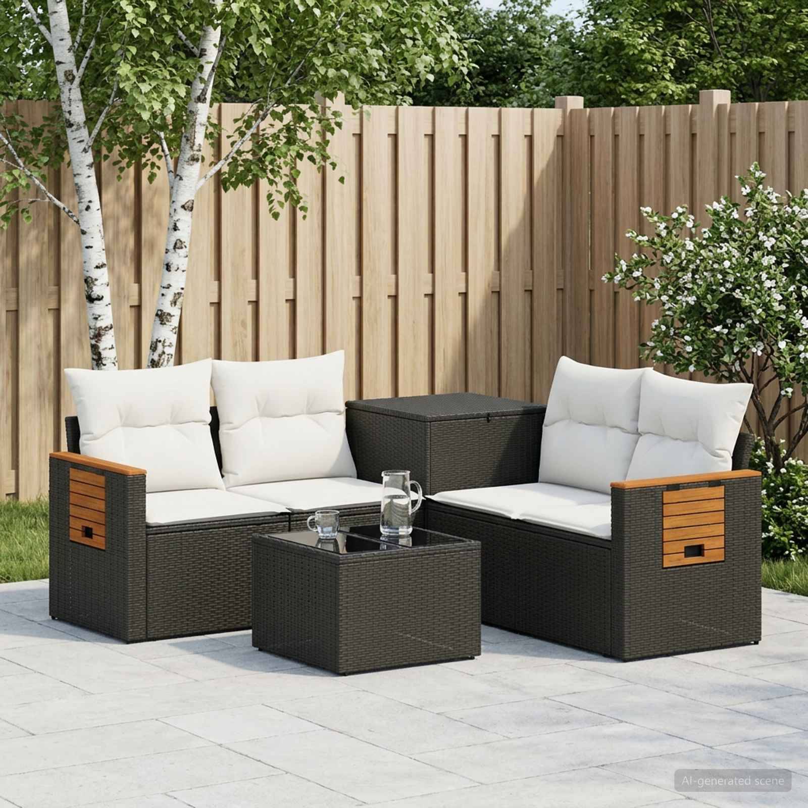 Gartenlounge-Set mit zwei gepolsterten Rattansofa, Couchtisch und Beistelltisch in einem umzäunten Garten.
