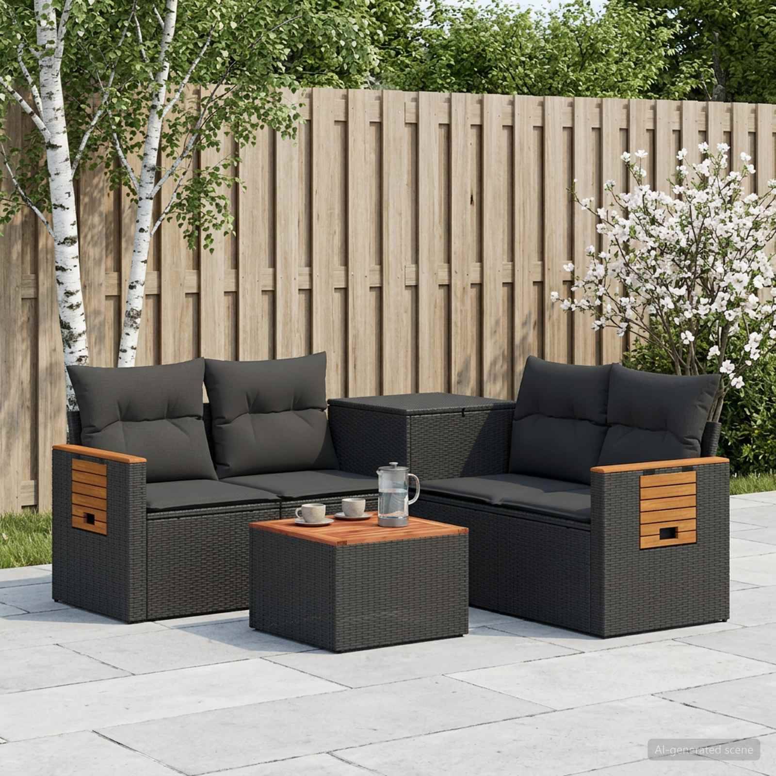 Outdoor-Terrassenmöbelset mit zwei schwarzen Korbliebessitzen, passendem Couchtisch, Kissen und einem Getränkekrug auf einer gepflasterten Terrasse neben einem Holzzaun und blühenden Bäumen.