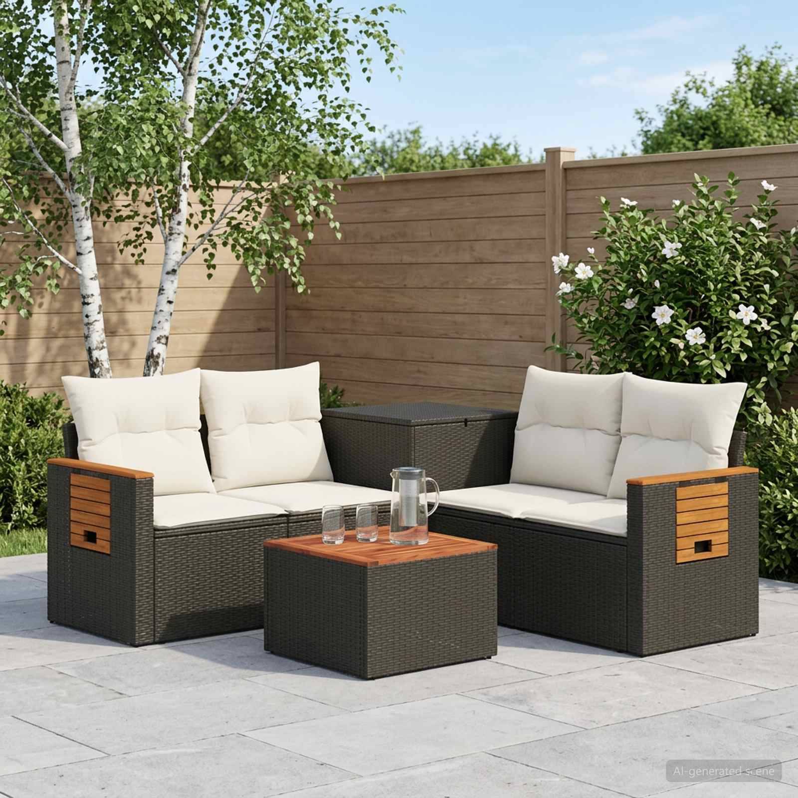 Gartenmöbelgarnitur für die Terrasse mit zwei gepolsterten Sesseln, einem passenden Tisch und einem Beistelltisch neben einem Holzzaun und Sträuchern.