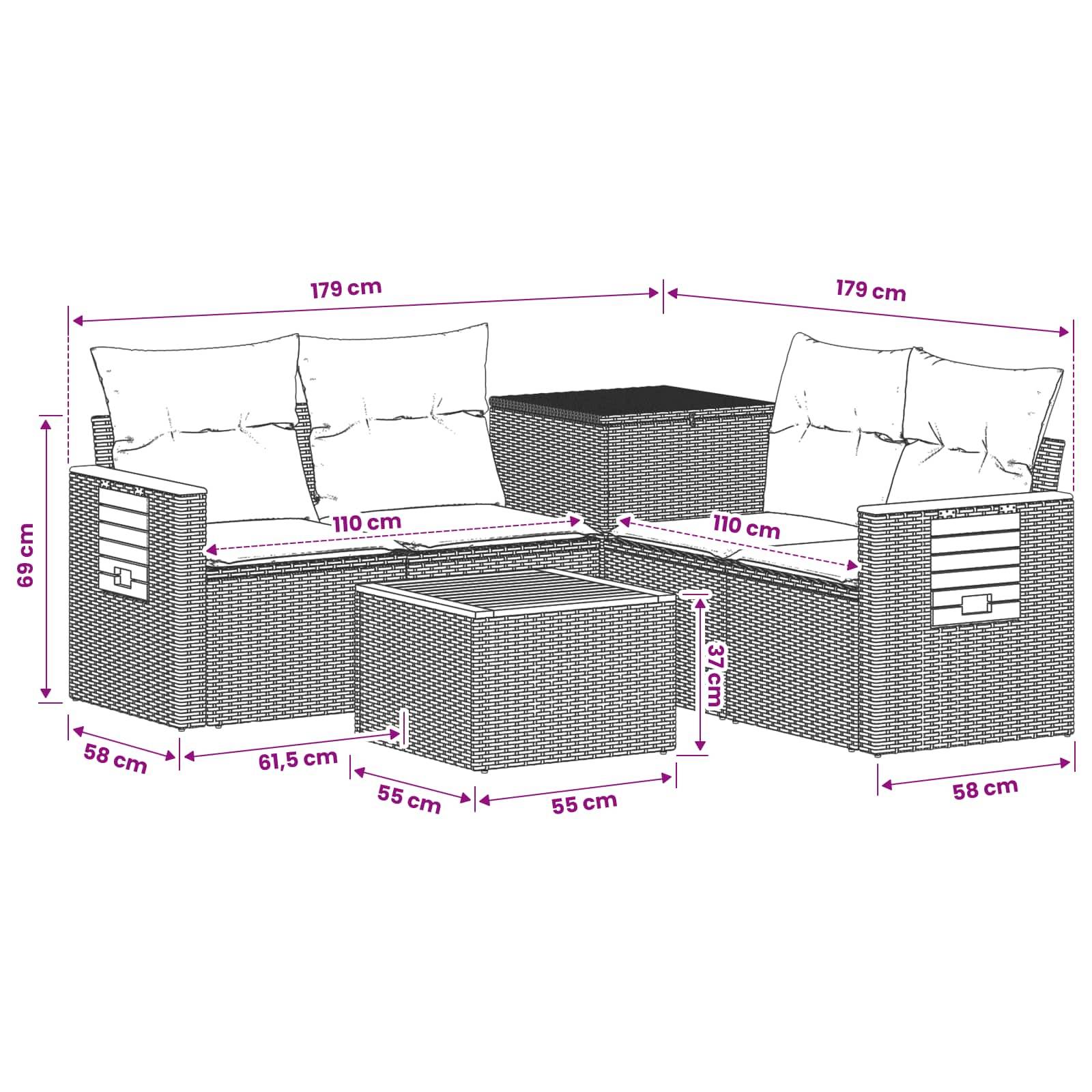 Diagramm eines modularen Korb-Außensofas mit zwei Eckplätzen, Hocker und Tisch, beschriftet mit Gesamtabmessungen in cm.