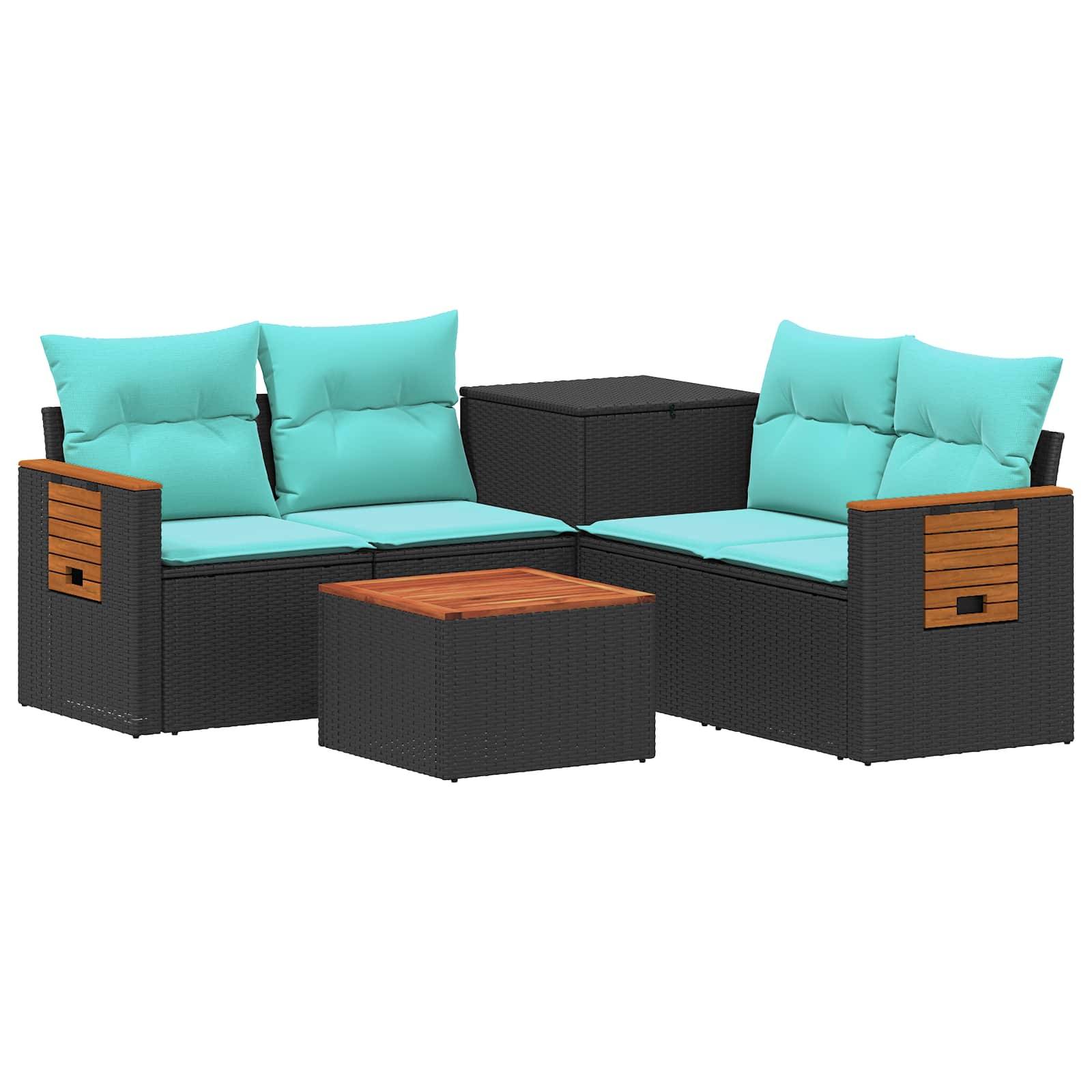 Outdoor-Terrassensektion-Sofagarnitur mit schwarzen geflochtenen Rahmen, türkisfarbenen Kissen, Armlehnen mit Holzakzenten und passendem Tisch