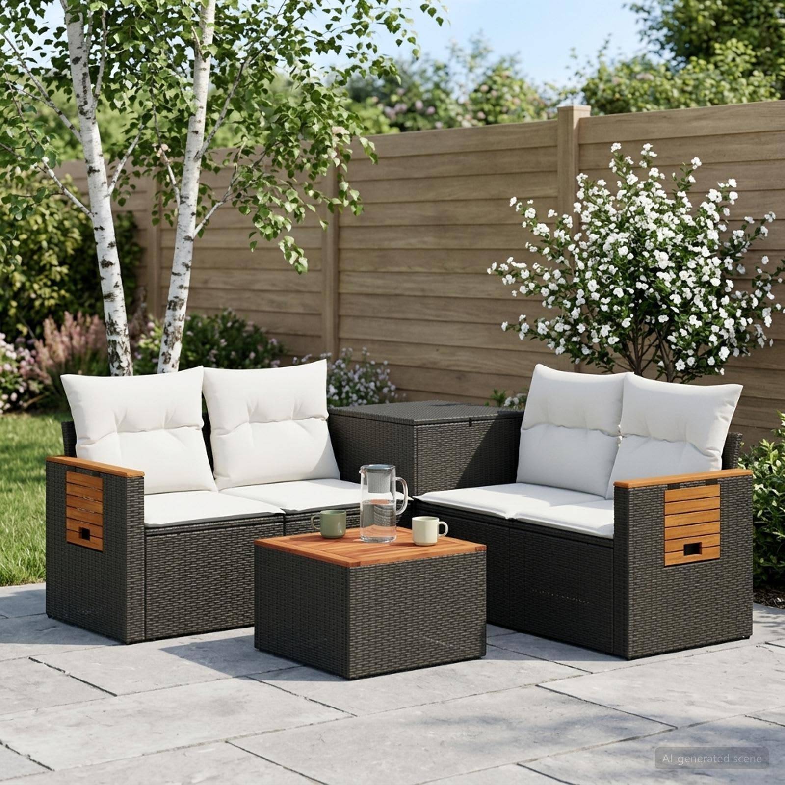 Outdoor-Terrassenmöbelset mit zwei gepolsterten Korbstühlen und passendem Couchtisch auf Steinplatten, neben einem Holzzaun und blühenden Sträuchern.