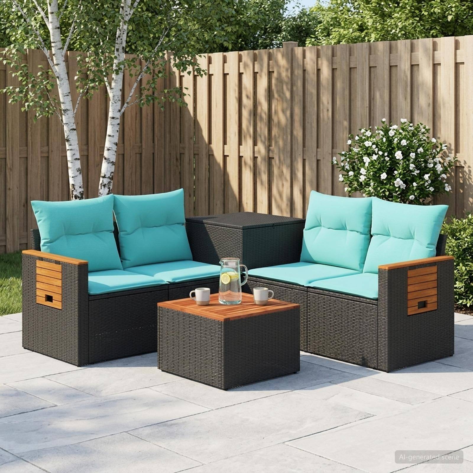 Gartensitzgarnitur im Freien mit zwei Korbsofas, türkisfarbenen Kissen, einem passenden Couchtisch mit Getränken und einem Beistelltisch in einem umzäunten Hinterhof.
