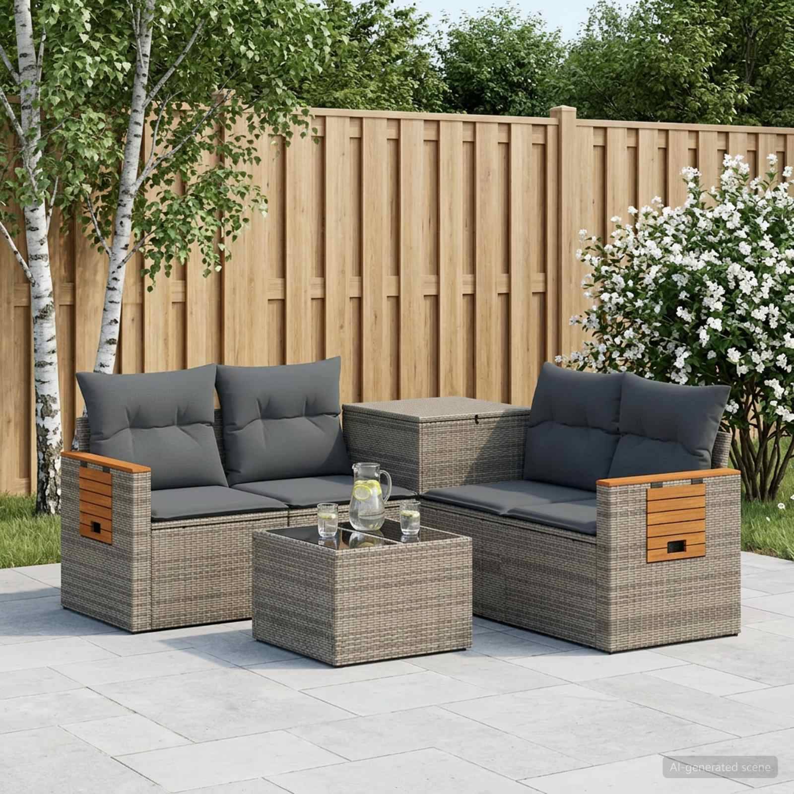 Outdoor-Terrassensitzgruppe mit zwei Rattansofa, passendem Ottomane und einem Glastisch auf einer gefliesten Terrasse neben einem Holzzaun und Sträuchern.