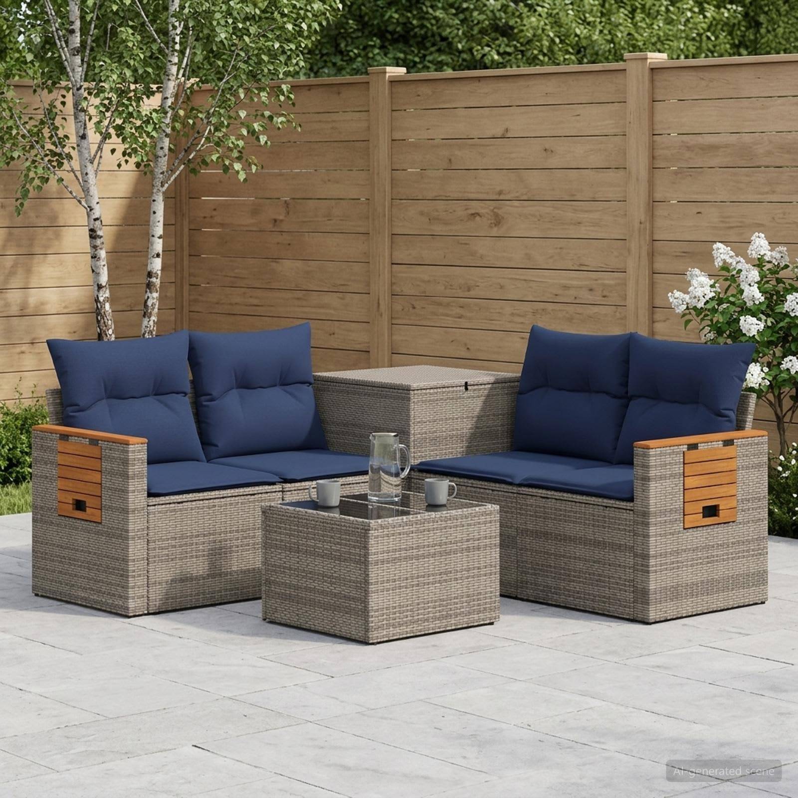 Gartenmobelset fur die Terrasse mit zwei grauen Rattanmobeln, blauen Polstern und einem passenden Couchtisch neben einem Holzzaun und Gartenpflanzen.
