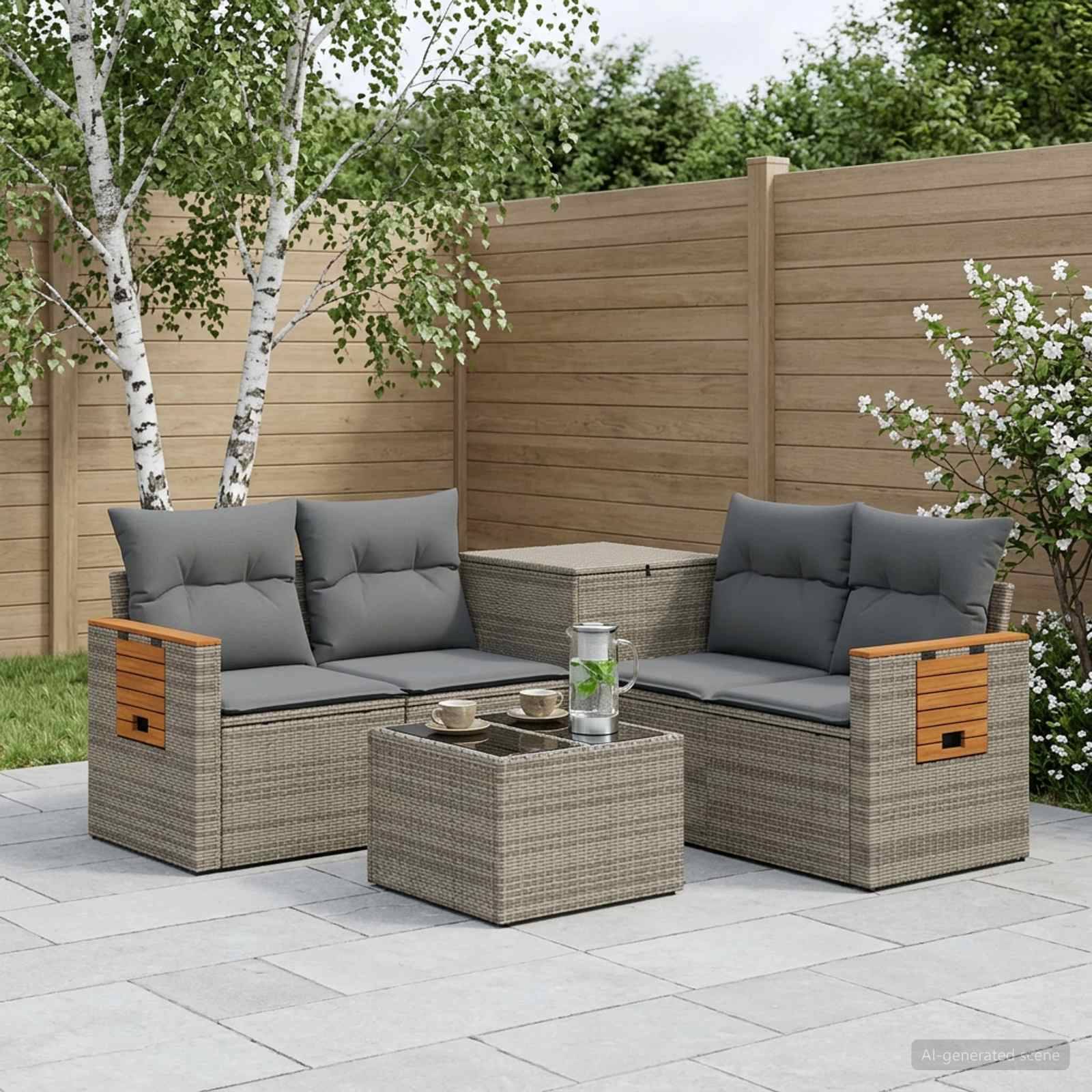 Outdoor-Sitzgarnitur mit zwei Rattansofen, passendem Couchtisch und grauen Kissen auf einer gekachelten Terrasse neben einem Holzzaun und Birken.