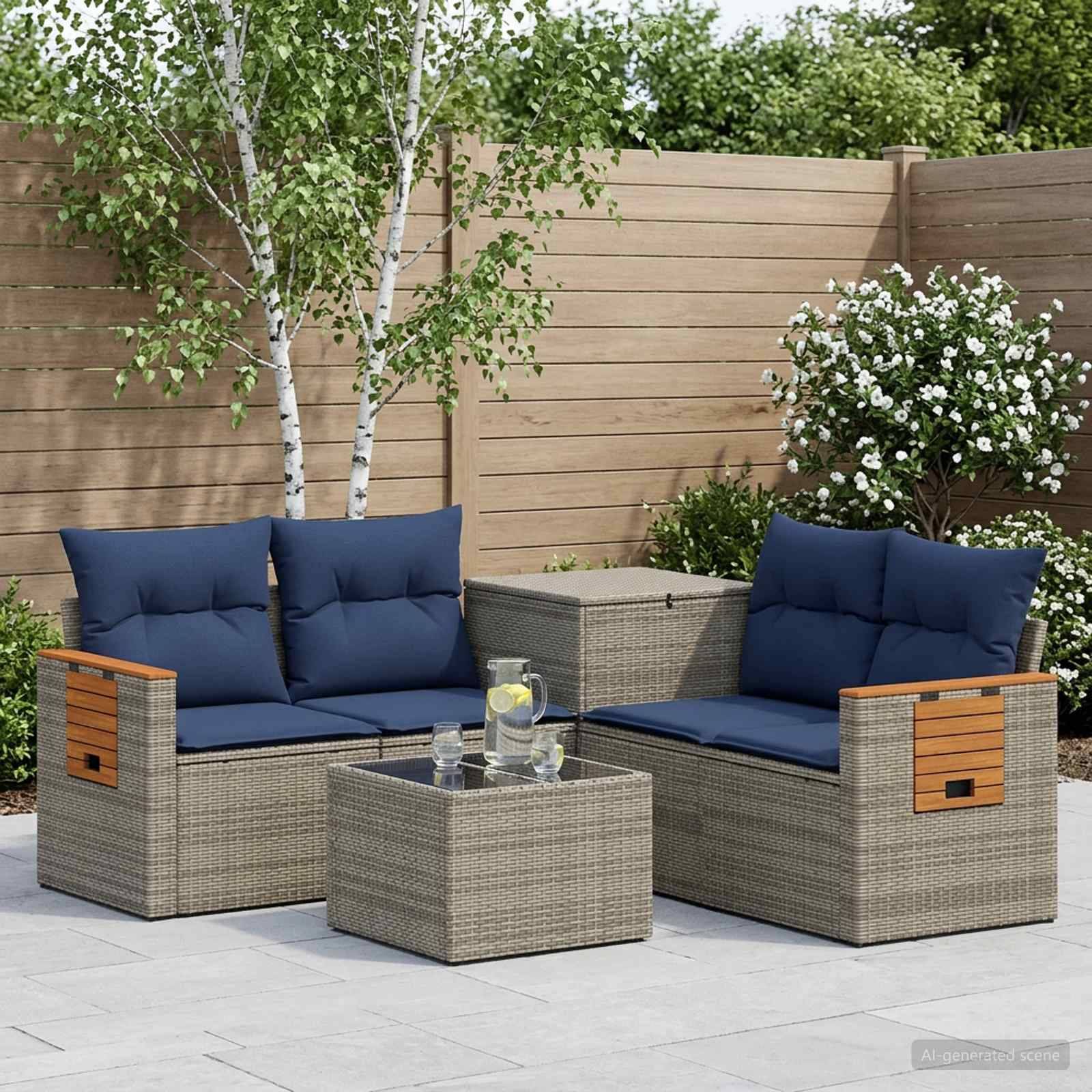 Gartenset für die Terrasse mit zwei grauen Polyrattan-Zweisitzern, marineblauen Kissen und passendem Couchtisch in einem gestalteten Garten.