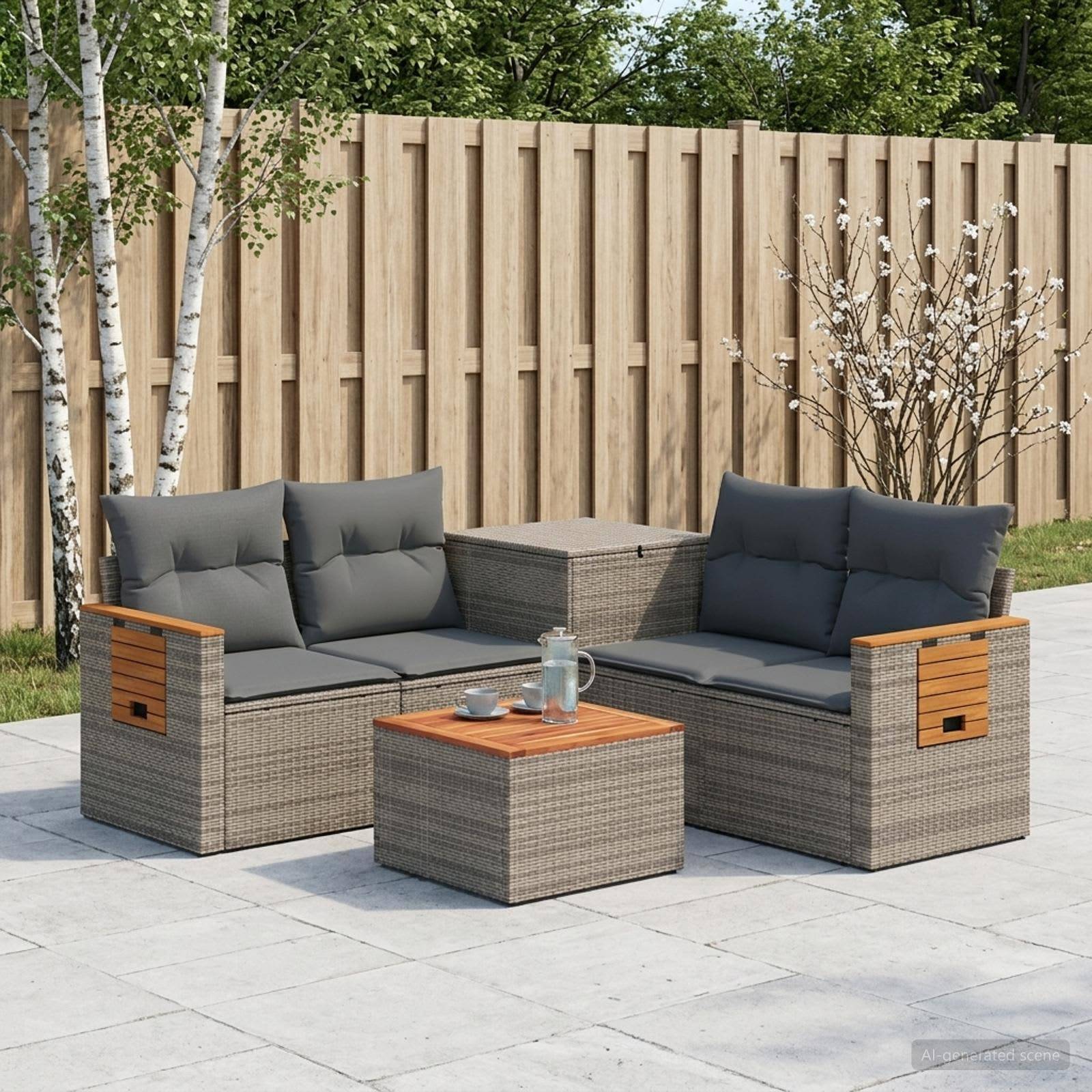 Outdoor-Terrassenmöbel-Set mit zwei grauen Polyrattan-Liebesitzen, passendem Couchtisch und Beistelltisch, angeordnet auf einer Steinterrasse neben einem Holzzaun und Bäumen.