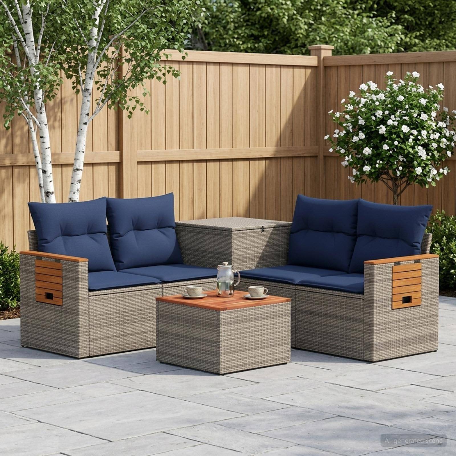 Outdoor-Sitzmöbel-Set für die Terrasse mit zwei gepolsterten Sofas, Couchtisch und Stauraum-Ottomane auf einer gepflasterten Hinterhofsitzfläche.