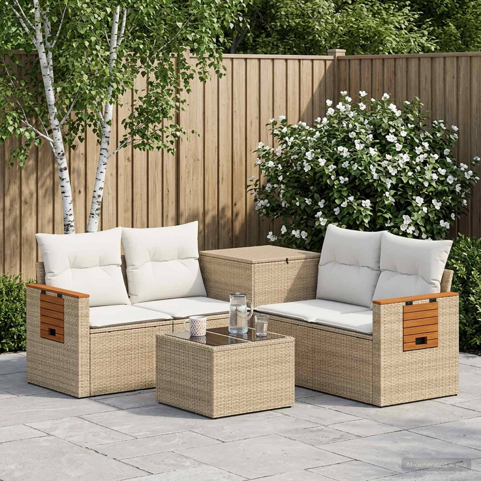 Gartenterrassen-Sitzmöbel mit zwei Korbsesseln, einem passenden Couchtisch und einem Sitzkissen vor einem Holzzaun und Gartensträuchern.