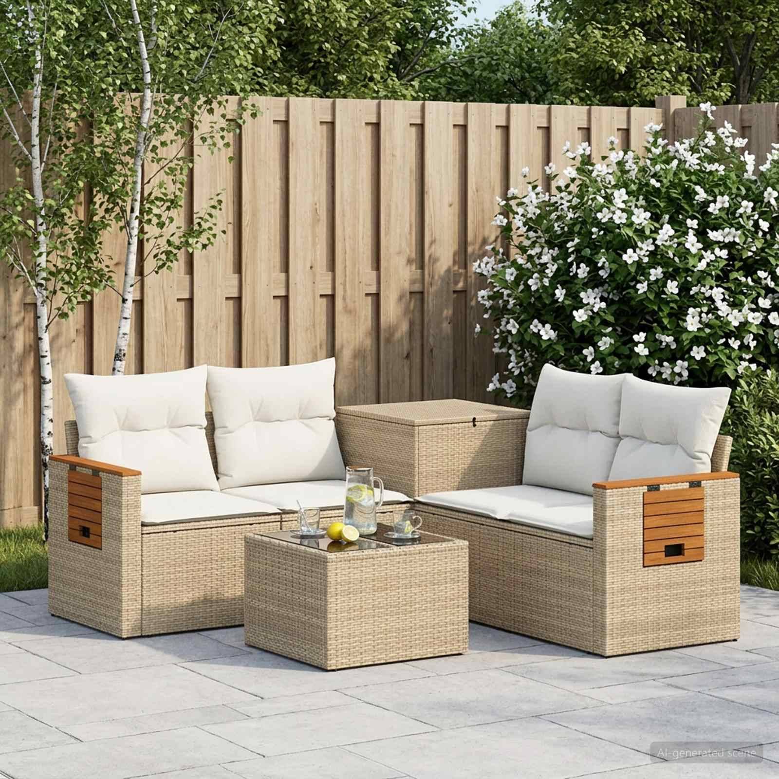Gartenset für die Terrasse mit zwei Korbsofas, passendem Couchtisch und Aufbewahrungsbank, angeordnet auf Steinpflasterung neben einem Holzzaun und blühendem Strauch.